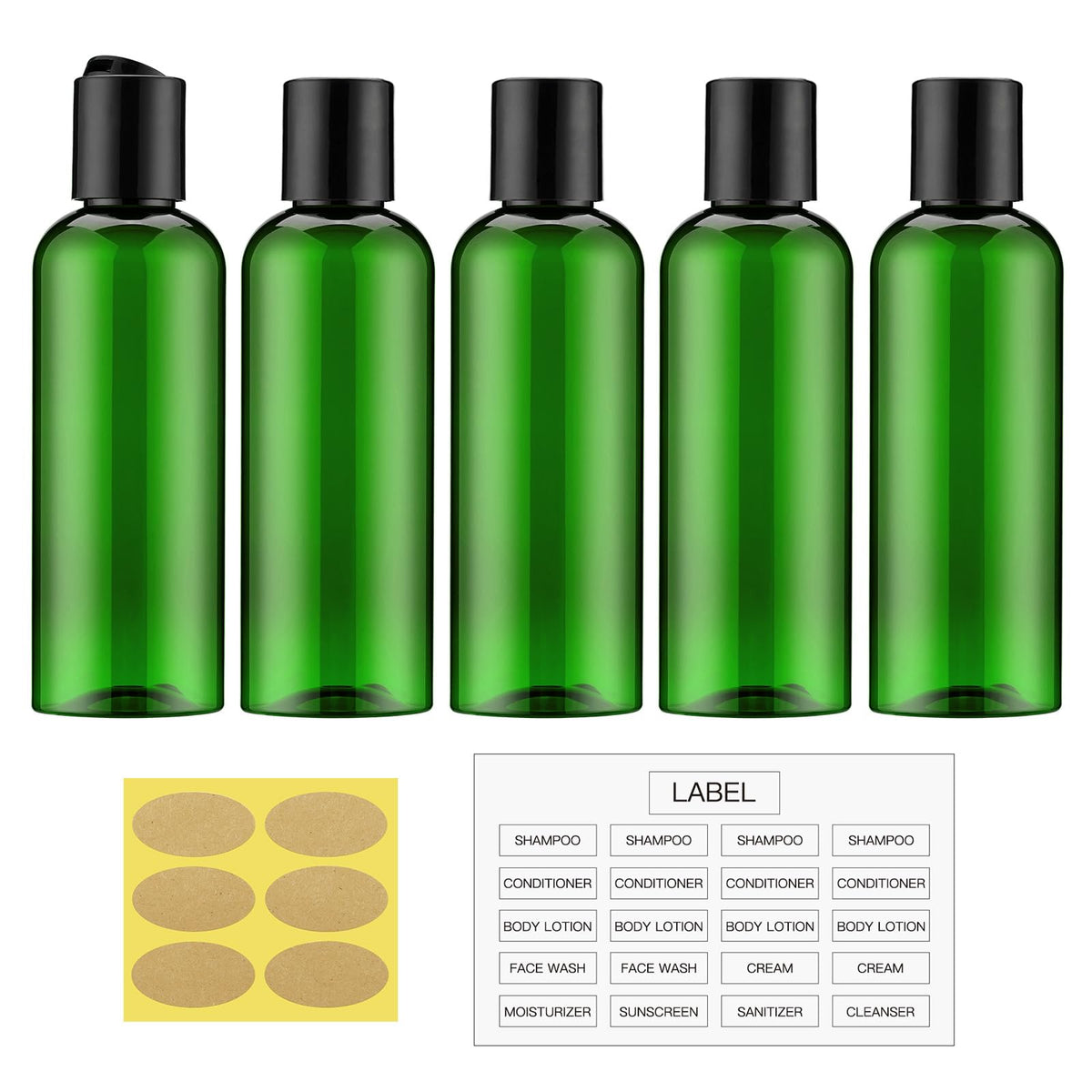 Travel Bottles for Toiletries, 3.4 oz Travel Size Containers, 5pcs, Clear | Squeezable empty plastic bottles, TSA approved, leak proof, with labels, for liquids & shampoo lotion, gym essentials