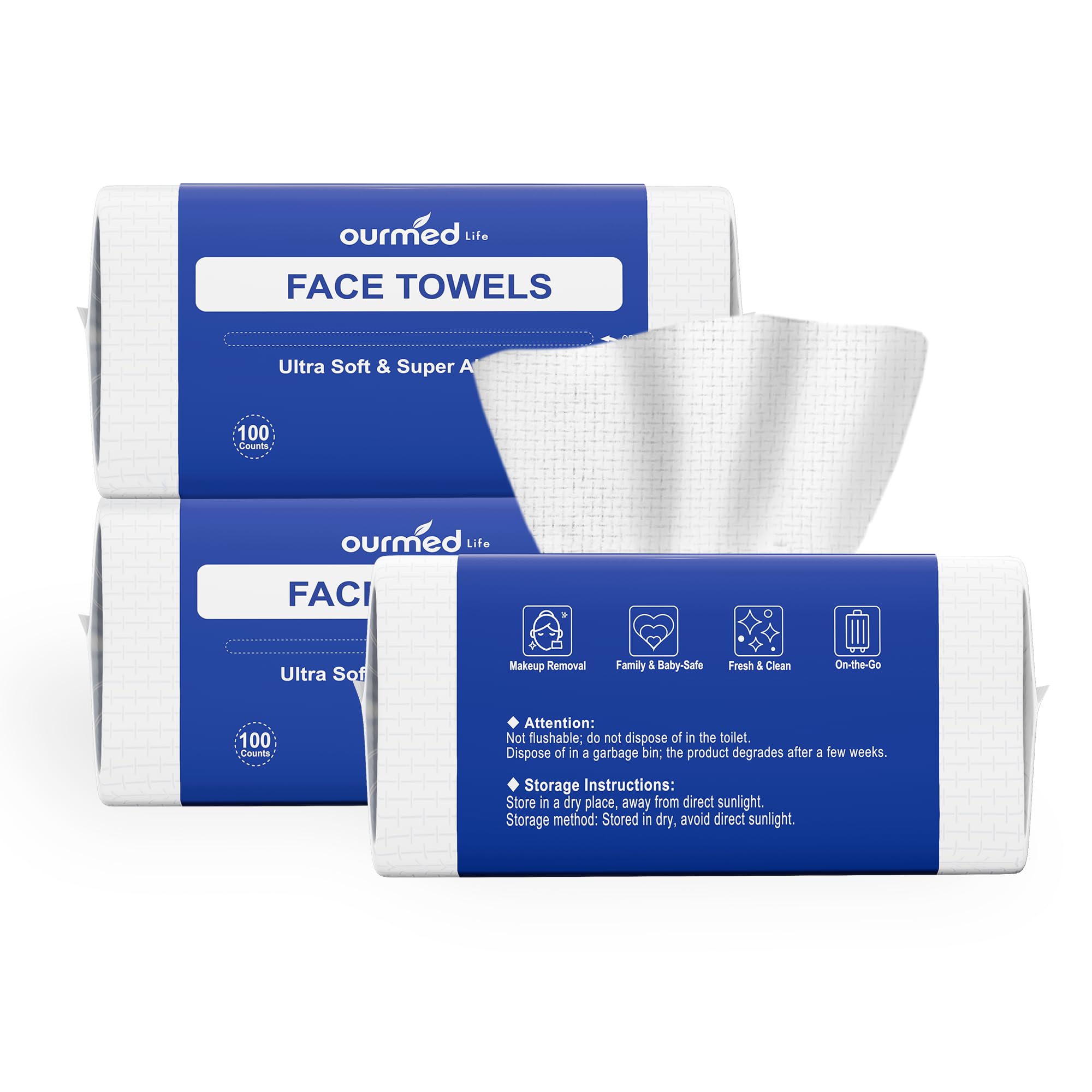 Ourmed Life Face Towels, Disposable Biodegradable Clean Facial Towels for Sensitive Skin, Lint- free Face Cloths for Makeup Remover, Skincare and Women Cleaning, Dry Wipes,100 Count EF Texture | Clinically Tested, Reduce Redness, Skin Soothing, Sensitive