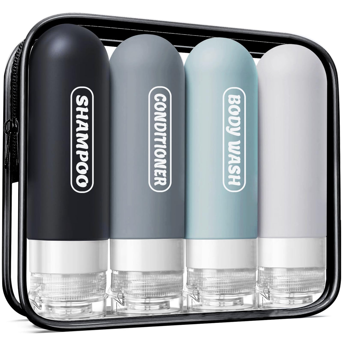 Pre-printed Silicone Travel Bottles for Toiletries 3oz | TSA Approved, Leak Proof, Squeezable Containers For Shampoo Conditioner, Travel Essentials, with Clear Bag, 4 Pack