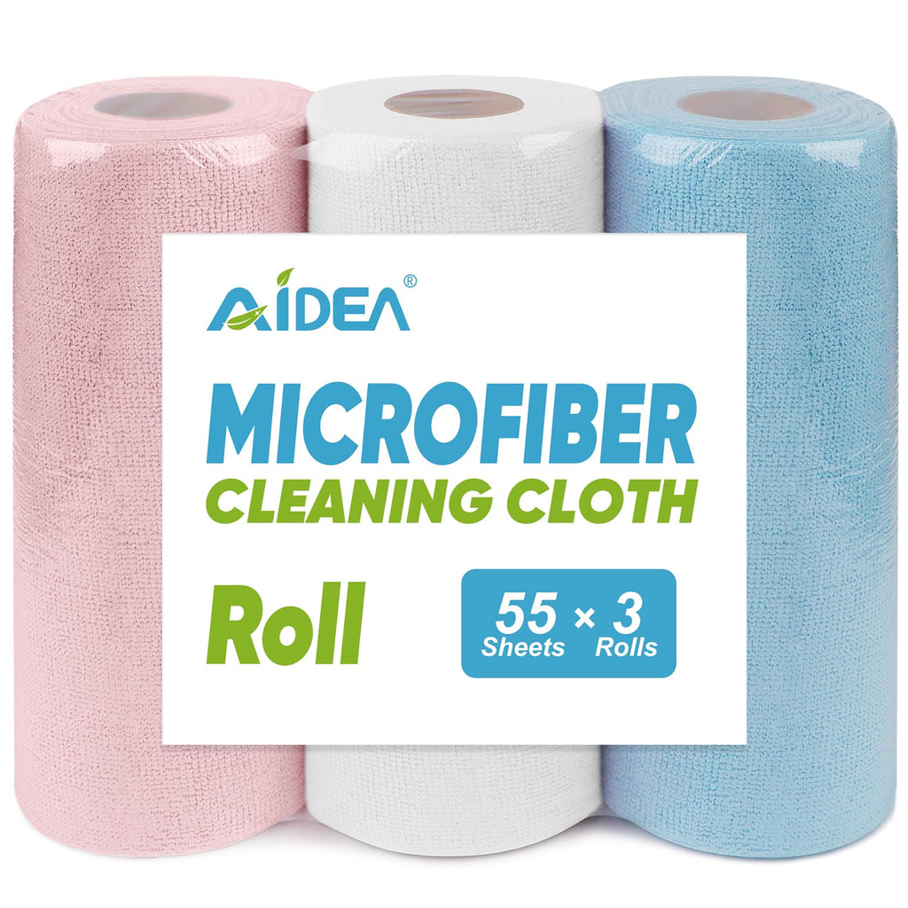 AIDEA Microfiber Cleaning Cloth Roll, Blue Shop Towels 55 Sheets 11×9" | Reusable Paper Towels, Microfiber Towels for Cars, Microfiber Rags for Automotive,Workshop, House, Kitchen, Cleaning Supplies