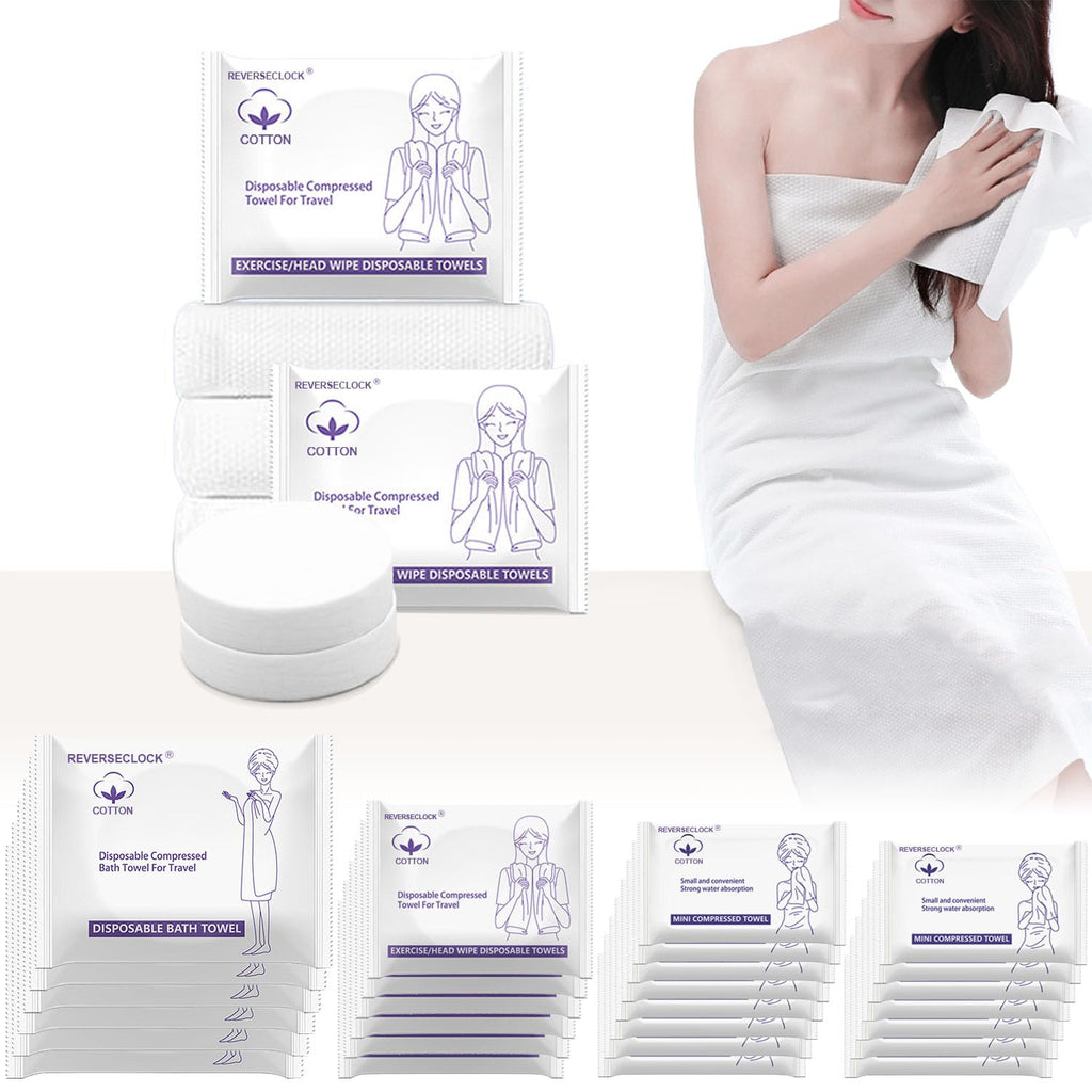27 Pack Disposable Compressed Towels Set for Travel Portable Washcloths | 3 sizes set, 6 large bath towel + 6 body towel + 15 face towel, thick durable reusable for camping hiking hotel business trip
