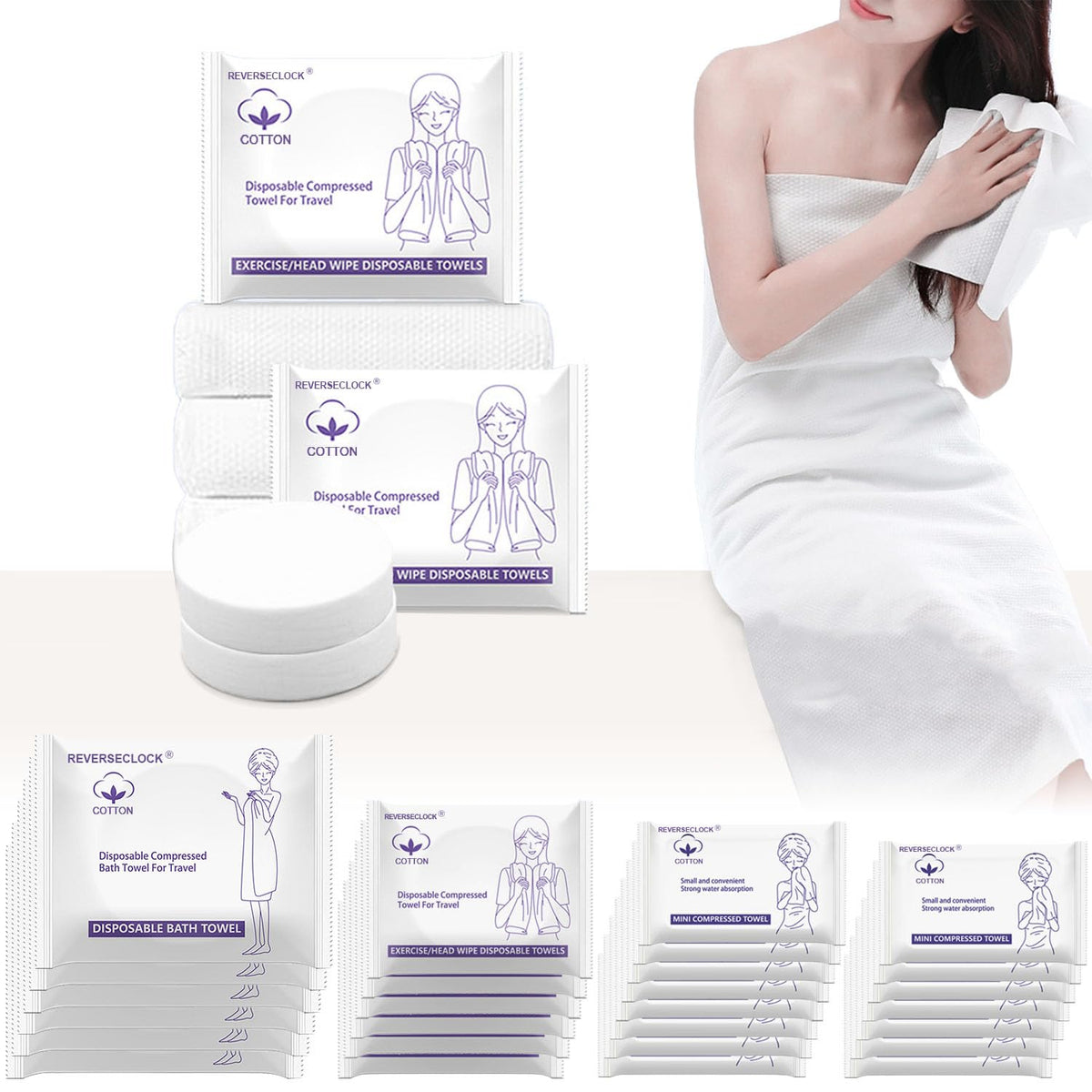 27 Pack Disposable Compressed Towels Set for Travel Portable Washcloths | 3 sizes set, 6 large bath towel + 6 body towel + 15 face towel, thick durable reusable for camping hiking hotel business trip