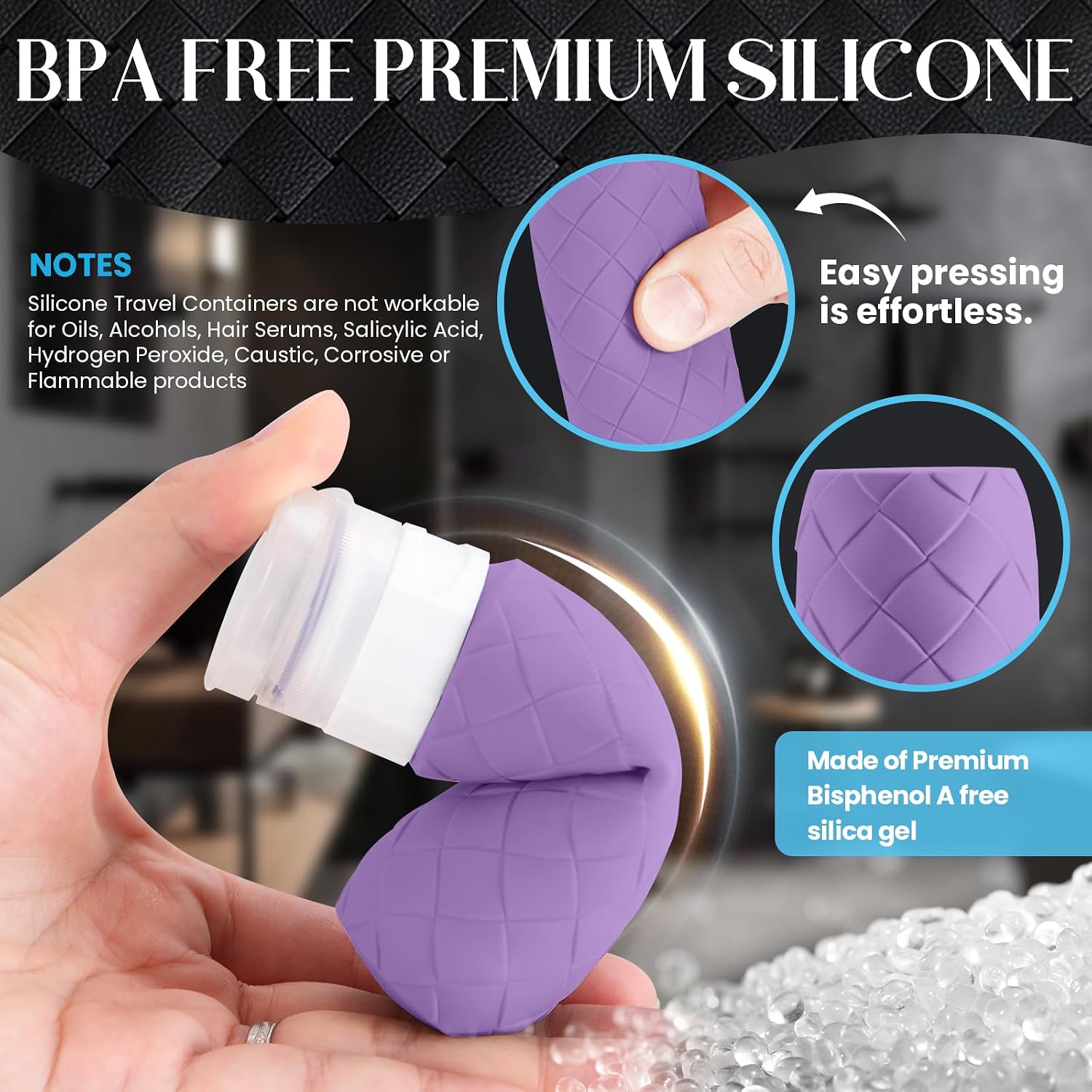 Silevoler Travel Bottles for Toiletries, TSA-Approved Travel Size Container | Woven Pattern BPA Free Silicone Leak Proof Refillable Liqus Shampoo And Conditioner Essentials Toiletry Bottles(Purple)