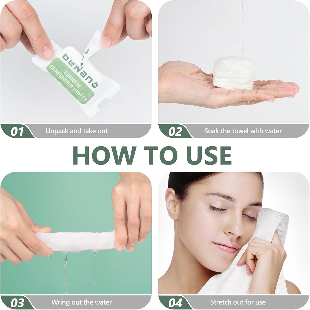 Benano 11.8x9.4 in Compressed Face Towels | Disposable Washcloths, 22 Pcs | Sensitive skin friendly, 100% USDA Biobased thick towelettes. Quick-dry portable wipes for daily face washing, travel.
