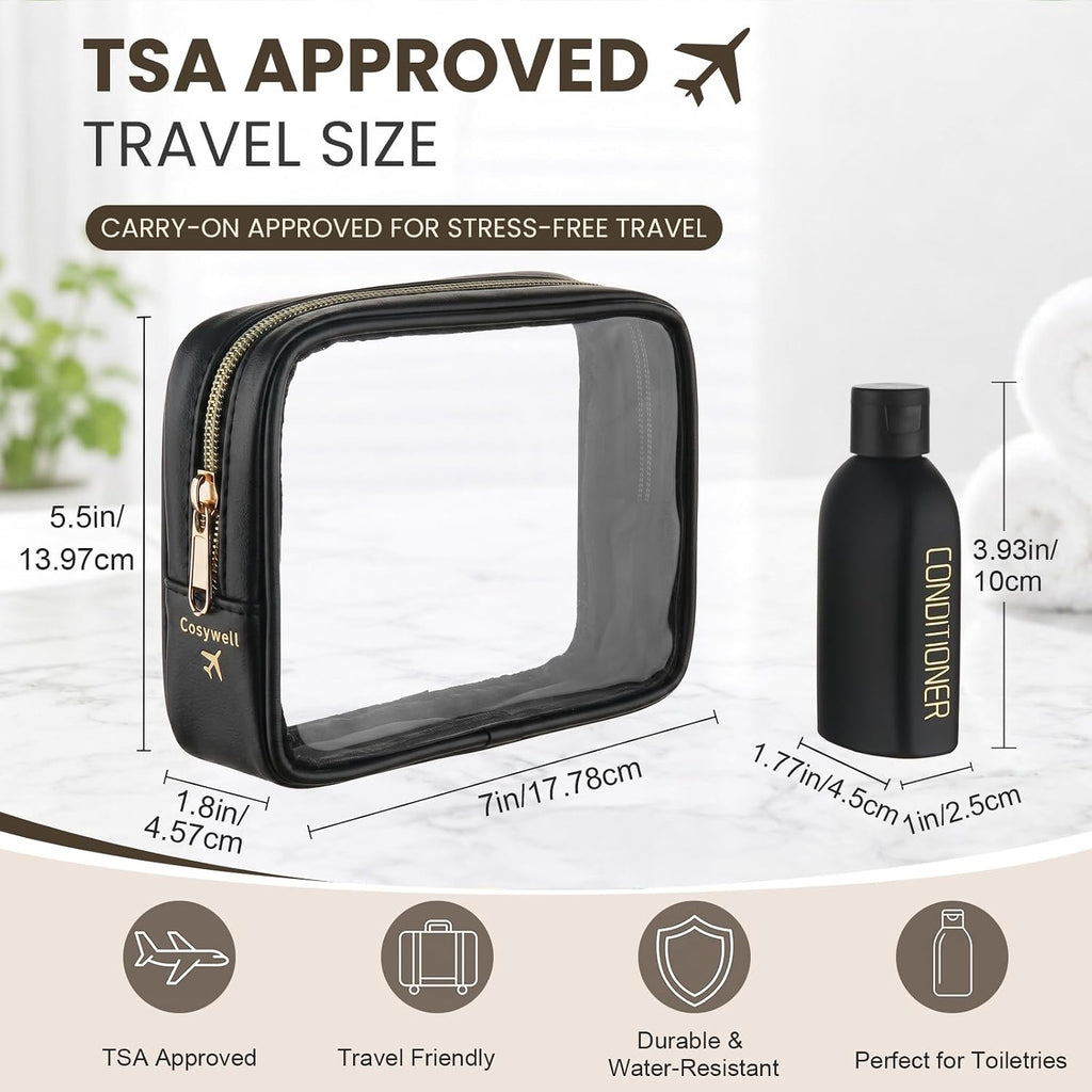 Cosywell 3.4oz 5 Pack Travel Bottles for Toiletries Black Toiletry Bottles | Pre-Printed Shampoo Conditioner & Body Wash, Soft Touch, TSA Approved, Leak Proof, Includes Flip Caps and a Toiletry Bag