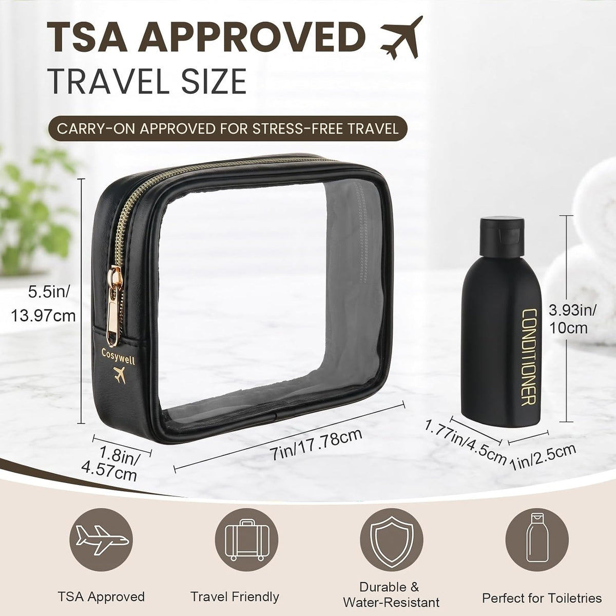 Cosywell 3.4oz 5 Pack Travel Bottles for Toiletries Black Toiletry Bottles | Pre-Printed Shampoo Conditioner & Body Wash, Soft Touch, TSA Approved, Leak Proof, Includes Flip Caps and a Toiletry Bag