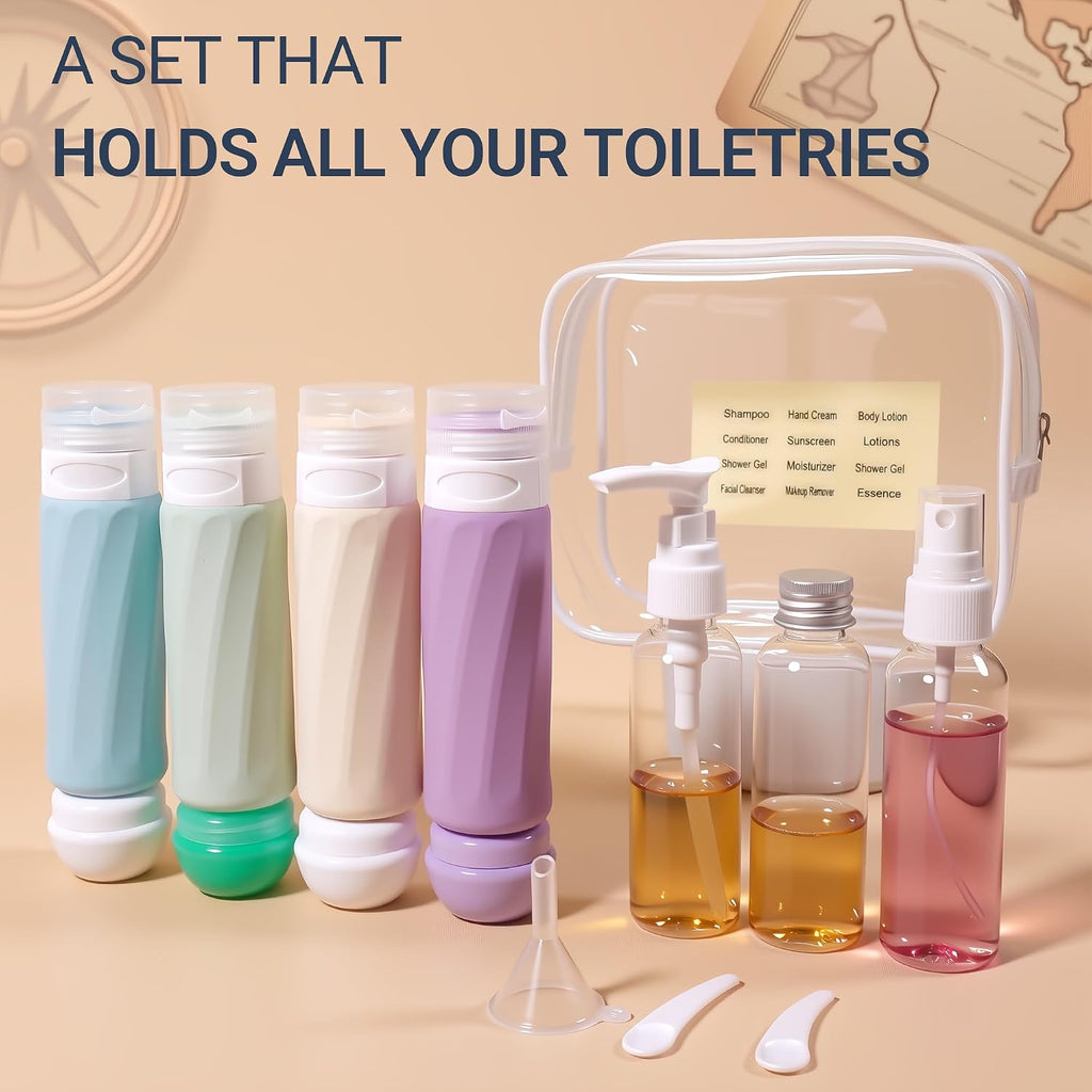 16 Pack Travel Bottles for Toiletries, TSA Approved 3oz Containers | Silicone Travel Size Containers for Shampoo and Conditioner, BPA Free with Toiletry Bag