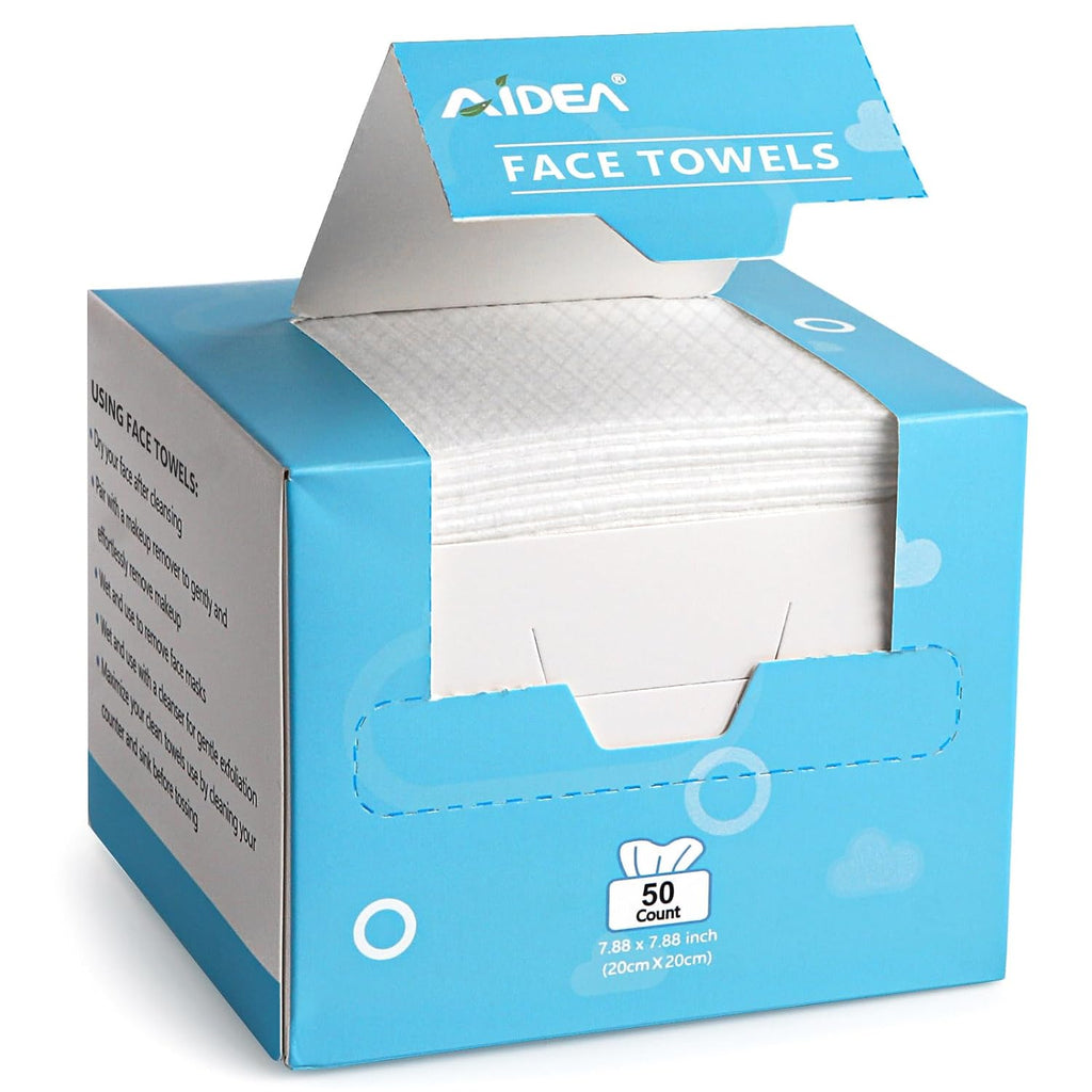 AIDEA Face Towels Disposable-50Ct, Face Cloths for Sensitive Skin | Facial Cleansing Wipes, Facial Towelettes for Makeup Removing, Nursing, Travel, Dry Wipes