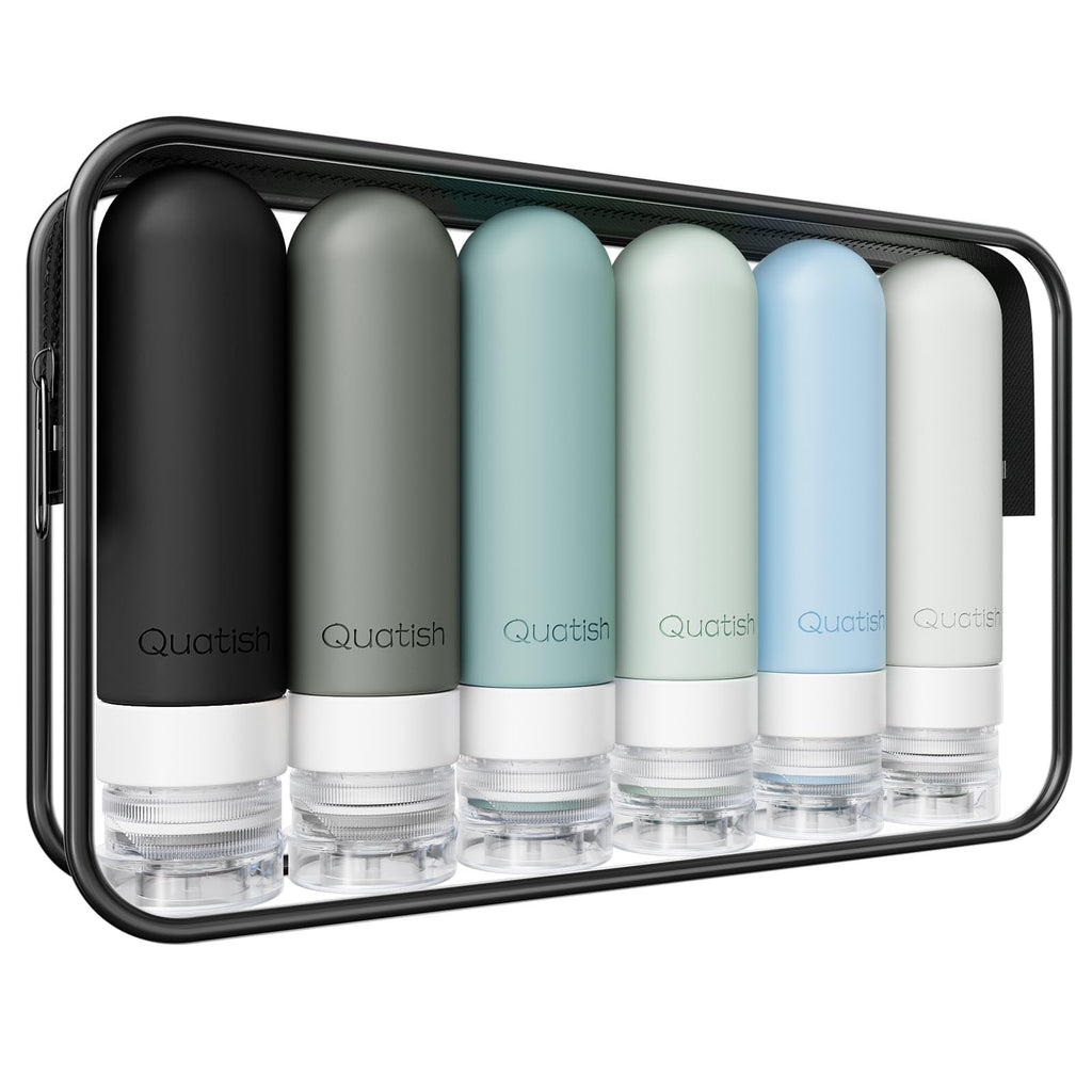 Quatish Travel Bottles for Toiletries 6 Pack, Original Patented Leakproof 3 oz Tsa Approved Travel Size Containers, BPA Free Silicone Shampoo and Conditioner Bottles, Camping Essentials