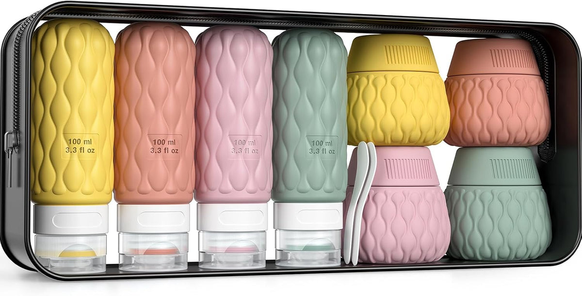 Travel Bottles for Toiletries Silicone Travel Size Containers 3.4oz 1.7oz | Travel Essentials TSA Approved Leakproof Refillable Squeeze Bottles with Labels/Clear Bag for Shampoo, Conditioner, Creams