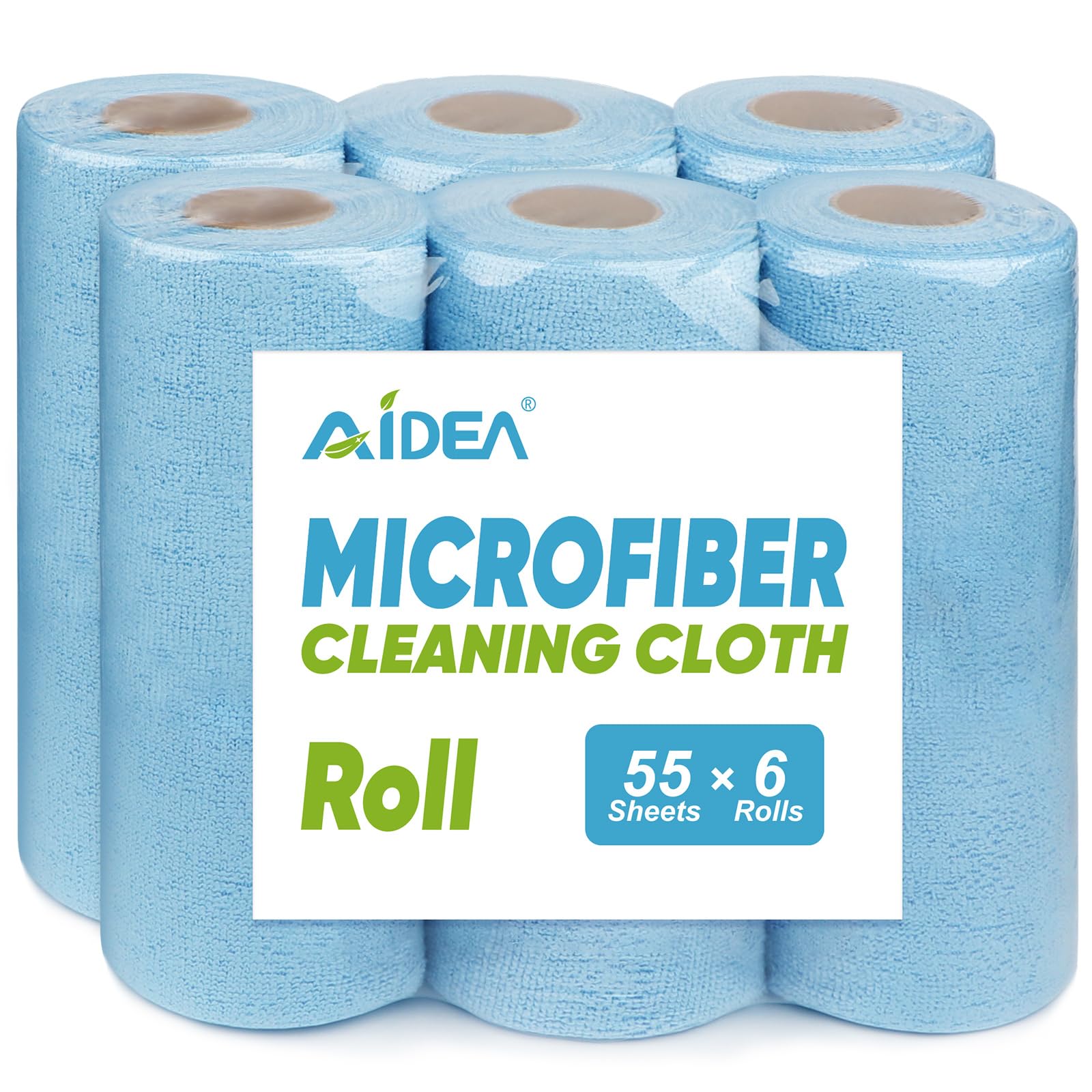 AIDEA Microfiber Cleaning Cloth Roll, Blue Shop Towels 55 Sheets 11×9" | Reusable Paper Towels, Microfiber Towels for Cars, Microfiber Rags for Automotive,Workshop, House, Kitchen, Cleaning Supplies
