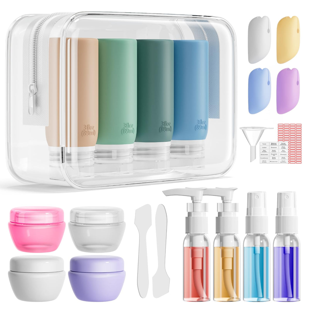 Muslish 21 Pack Travel Bottles for Toiletries, Leak-Proof TSA Compliant Silicone Travel Size Containers for Shampoo and Conditioner, BPA Free with Toiletry Bag (Cream)