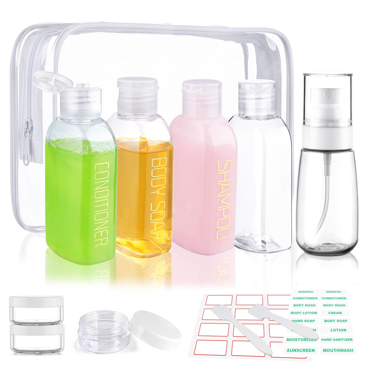 Cosywell Travel Bottles for Toiletries 9PCS 3.4oz White Shampoo Bottles | TSA Approved Travel Size Containers, 2oz Spary Bottle, Leakproof, 0.35oz Plastic Cream Jars, and a Toiletry Bag