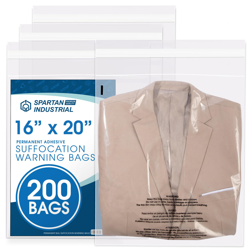14” X 20” (200 Count) Self Seal Clear Poly Bags with Suffocation Warning | for Packaging, Clothes - Permanent Adhesive - Spartan Industrial