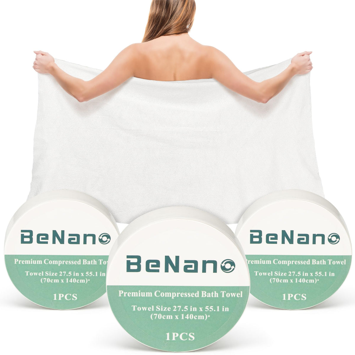 Benano 55.1x27.5 in Compressed Bath Towel Tablets | Travel Towel, 5 Pack | Water-activated, large reusable compact bath towels. Perfect for camping, hotel, hiking, sports, beach, swimming, vacation.