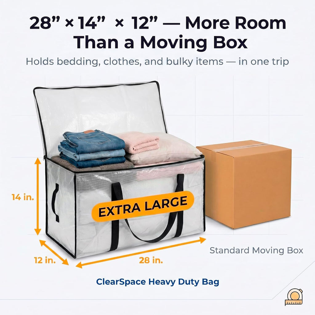 ClearSpace Heavy Duty Moving Bags - Water Resistant Storage Bags with Backpack Straps, Zippers and Handles - Large Moving Boxes for College Dorm, Travel, Closet Organization - 6 Pack, Clear | Heavy-duty moving bags with backpack straps, zippers, and handl