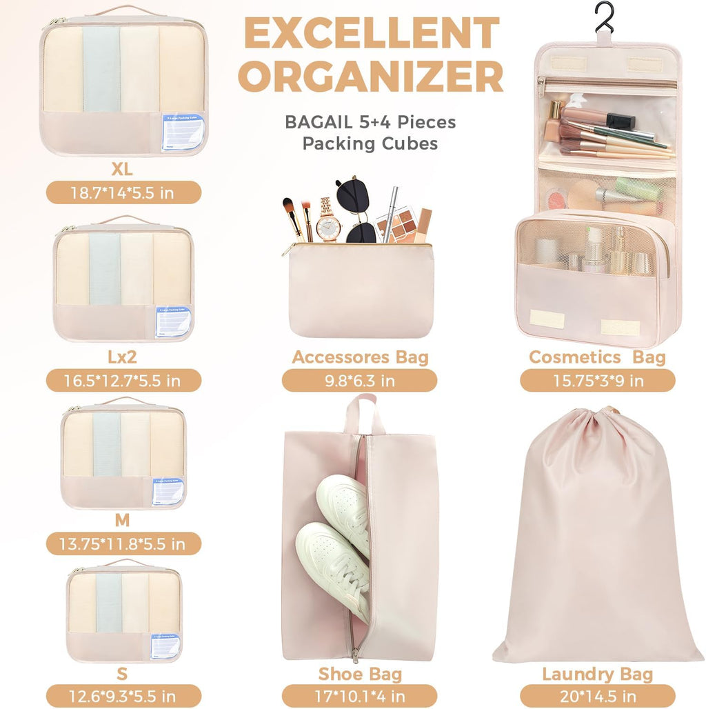 BAGAIL 9 Set Packing Cubes with Packing List Luggage Packing Organizers for Travel Accessories (Cream)
