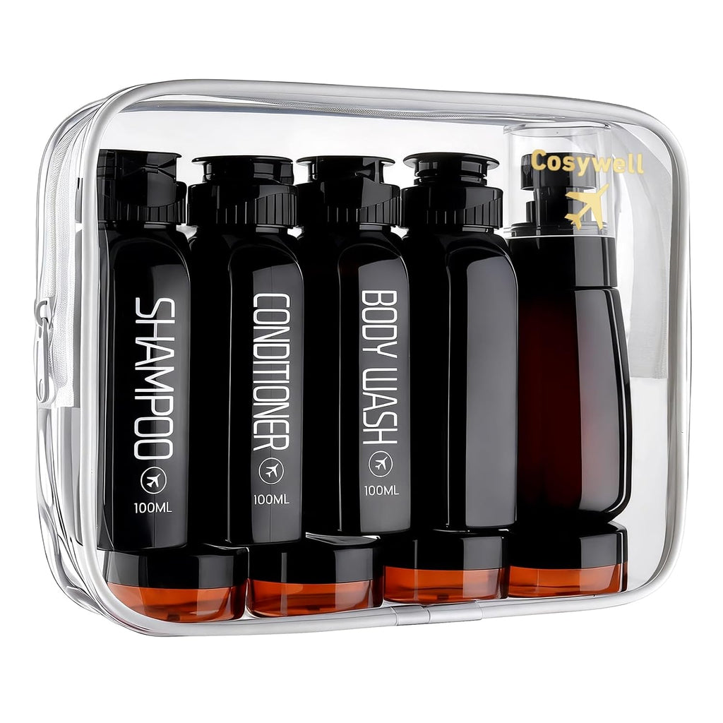 Cosywell Travel Bottles for Toiletries 10PCS 100ml/3.4oz Pre-Printed Shampoo, Conditioner & Body Wash TSA Approved 2oz Spray Bottle Leakproof 0.35oz Plastic Cream Jars Refillable Cream Lotion(Black)