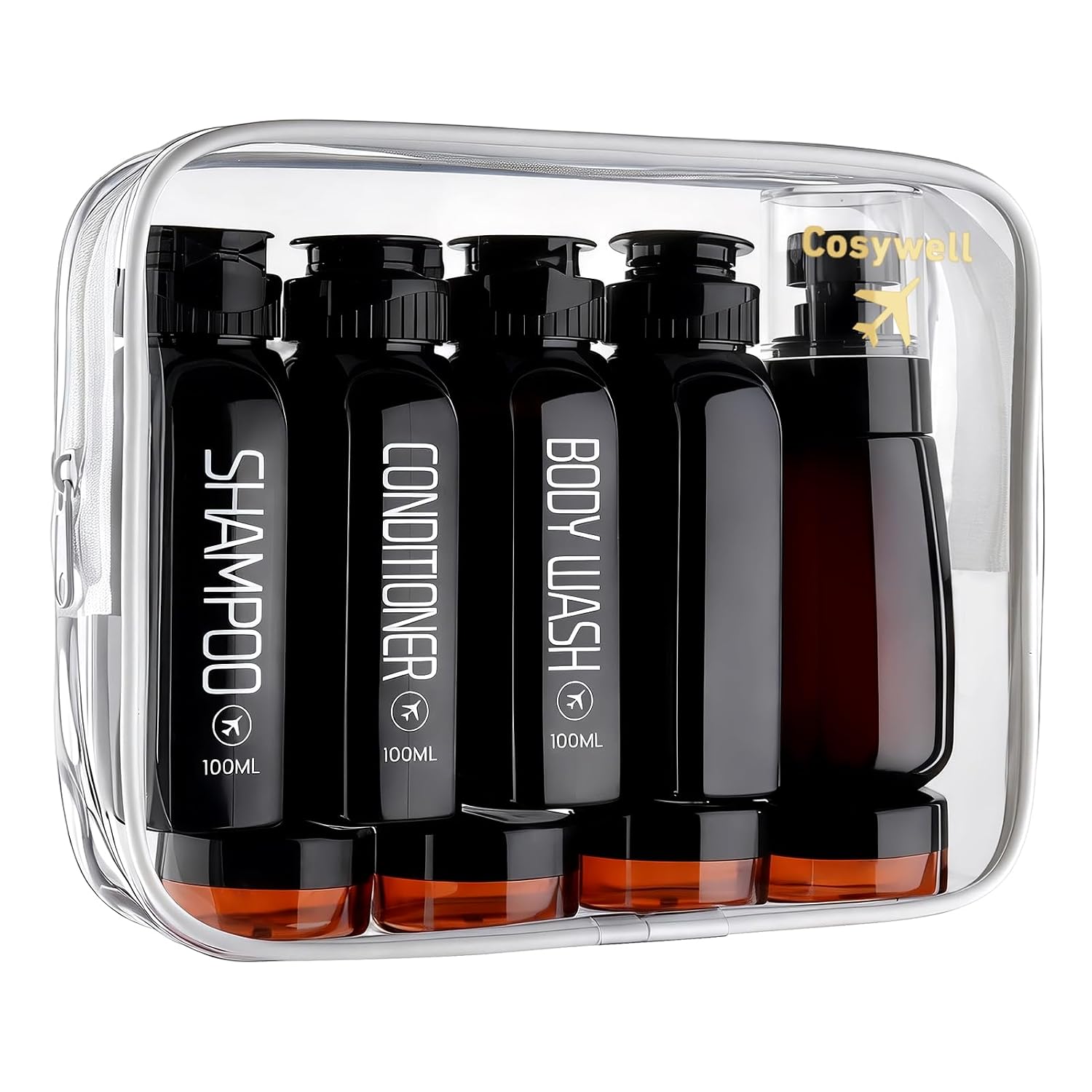 Cosywell Travel Bottles for Toiletries 10PCS 100ml/3.4oz Pre-Printed Shampoo, Conditioner & Body Wash TSA Approved 2oz Spray Bottle Leakproof 0.35oz Plastic Cream Jars Refillable Cream Lotion(Black)