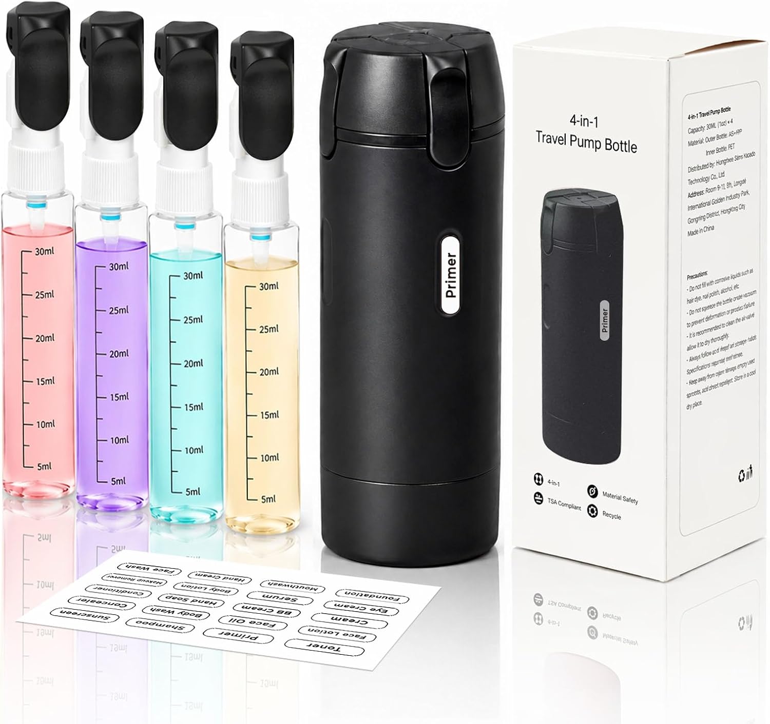 4-in-1 Travel Dispenser Bottle,4 Pack 30ML Travel Bottles for Toiletries, Leak Proof Travel Size Containers (Black)
