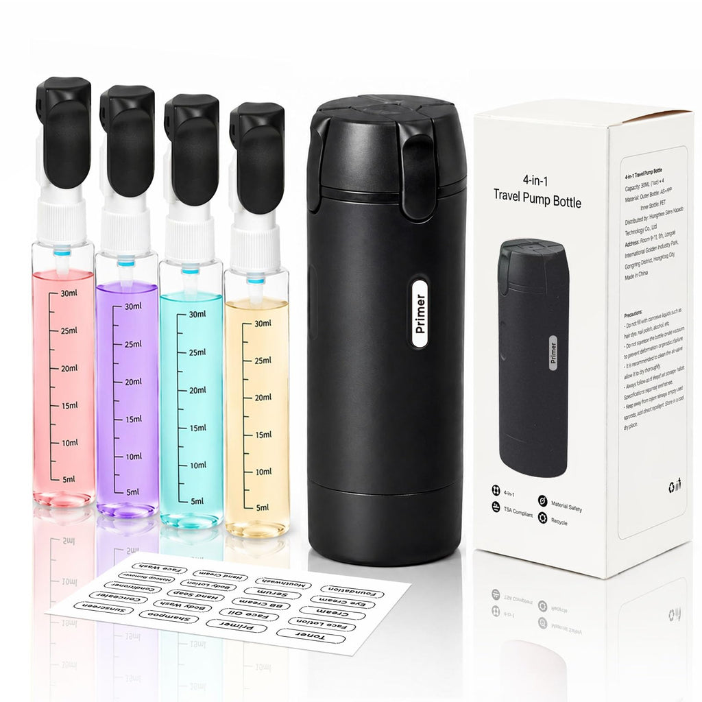 4-in-1 Travel Dispenser Bottle,4 Pack 30ML Travel Bottles for Toiletries, Leak Proof Travel Size Containers (Black)