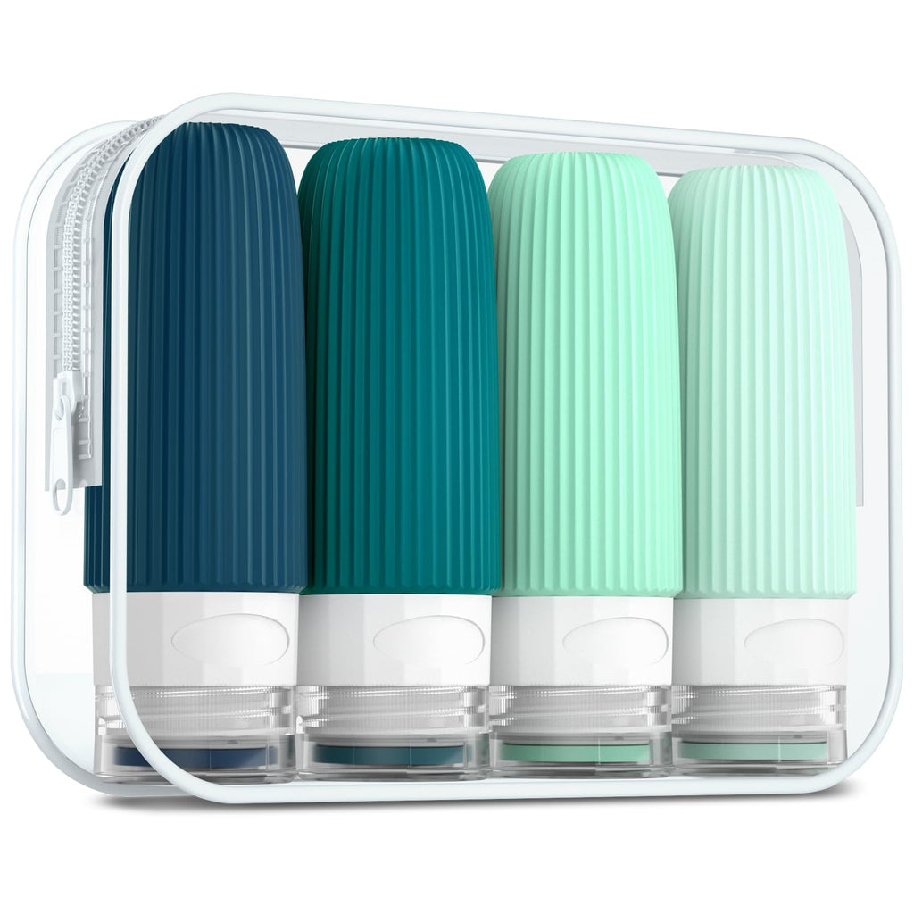 Mrsdry Travel Bottles for Toiletries, Tsa Approved 3oz Portable Travel Bottles, BPA Free Leak Proof Squeezable Silicone Travel Size Containers, Travel Accessories with Clear Toiletry Bag (4 Pack)