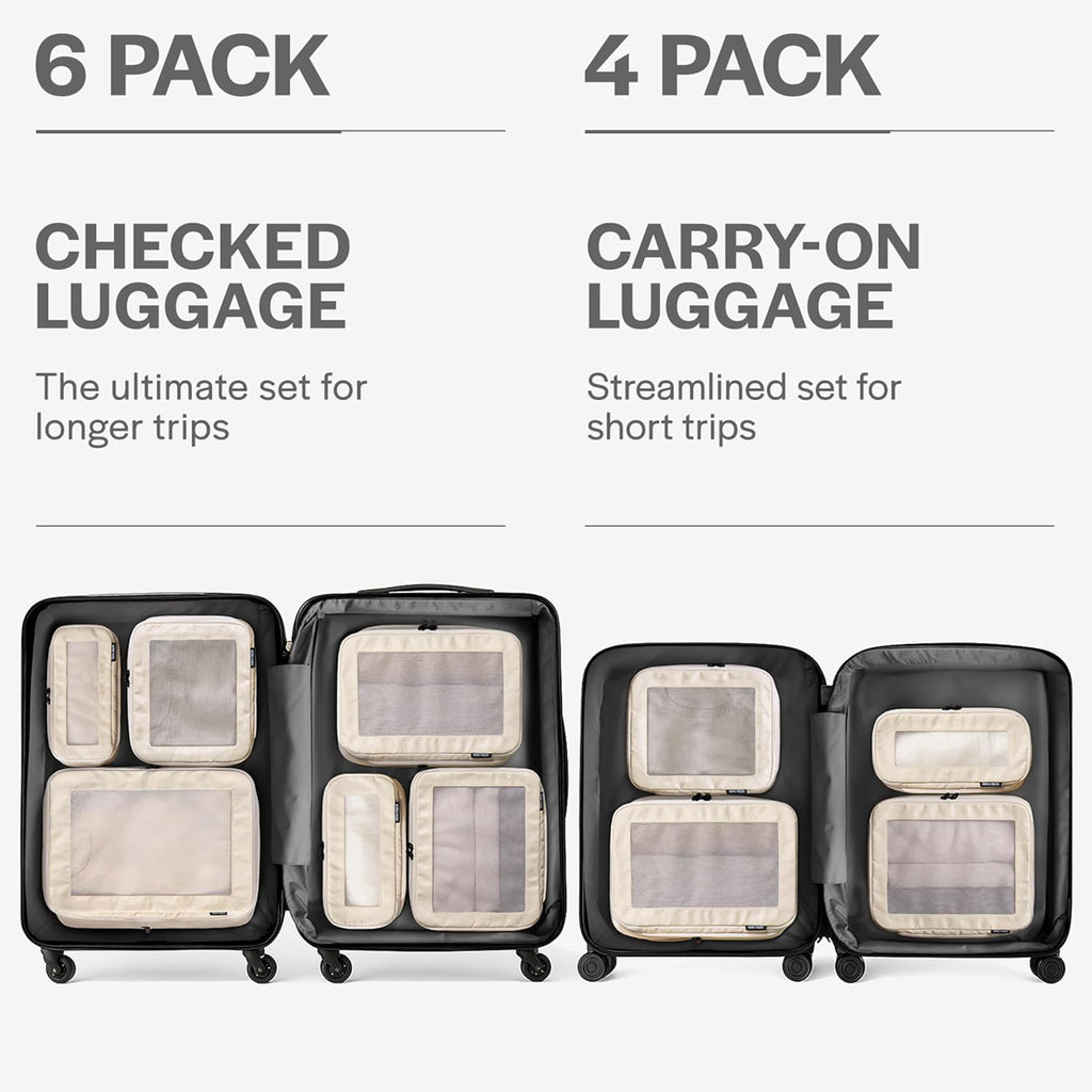 Compression Packing Cubes for Travel, 6-Pack, Beige | Solves overpacking, 6-Piece set fits most suitcases, 50% Space savings, Compression luggage organizer bags