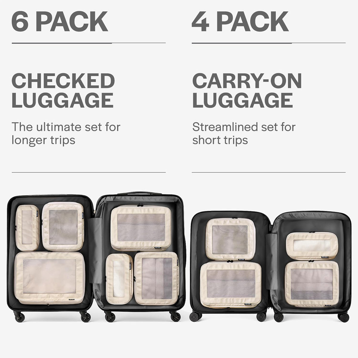Compression Packing Cubes for Travel, 6-Pack, Beige | Solves overpacking, 6-Piece set fits most suitcases, 50% Space savings, Compression luggage organizer bags
