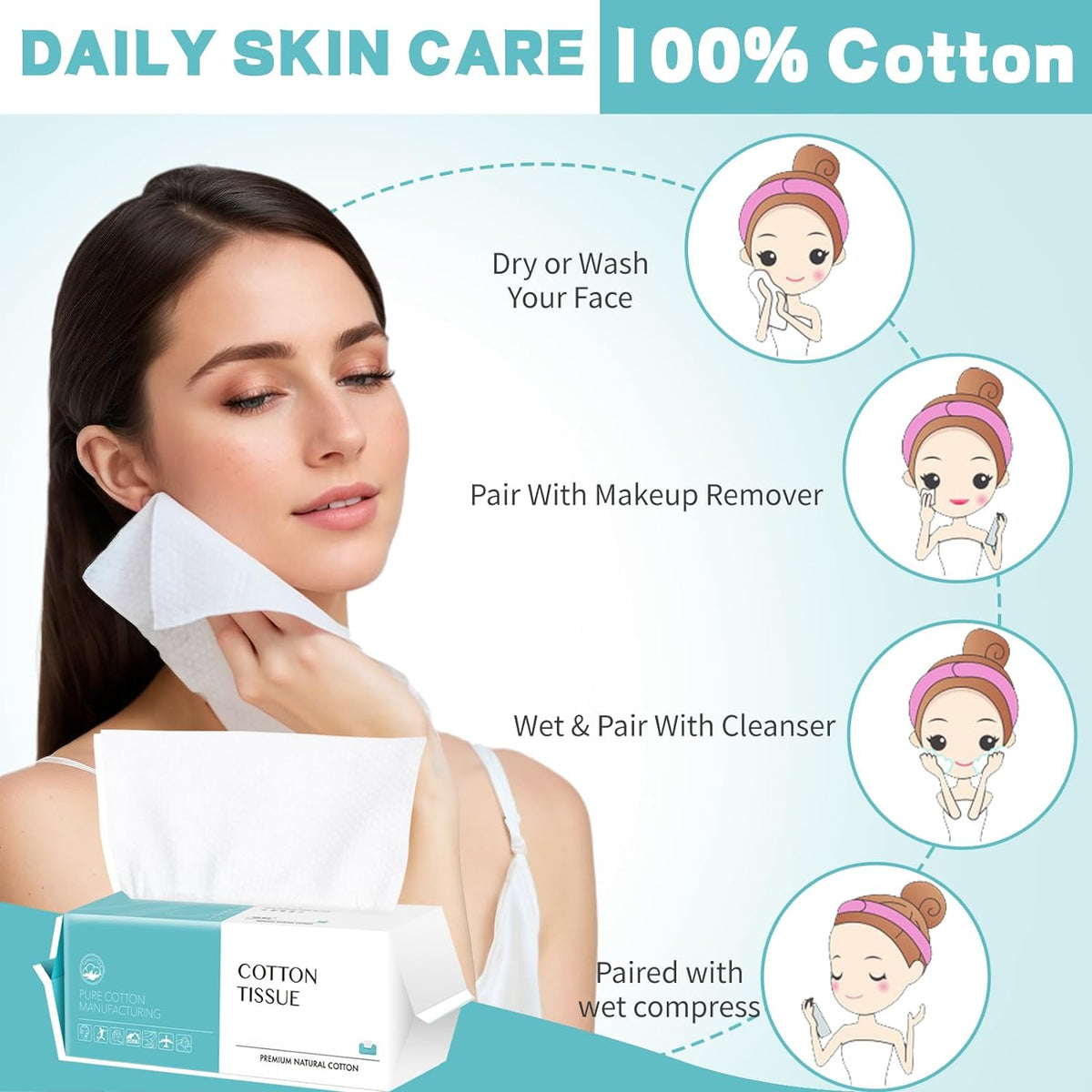 Disposable Face Towel 100 Count, Soft Cotton Facial Dry Wipes, Multi-Purpose for Skin Care, Makeup Remover, Face Wipes and Facial Cleansing
