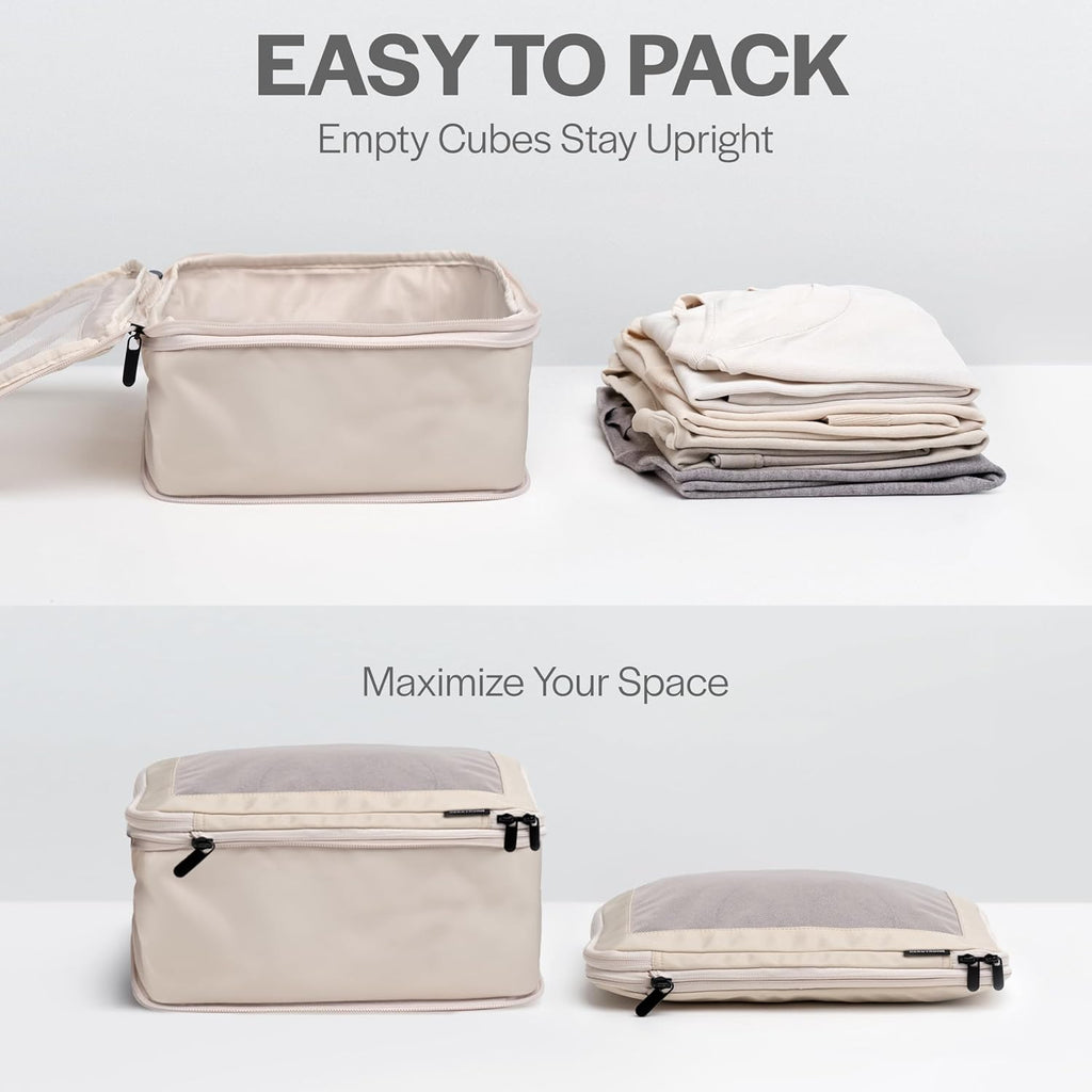 Compression Packing Cubes for Travel, 6-Pack, Beige | Solves overpacking, 6-Piece set fits most suitcases, 50% Space savings, Compression luggage organizer bags