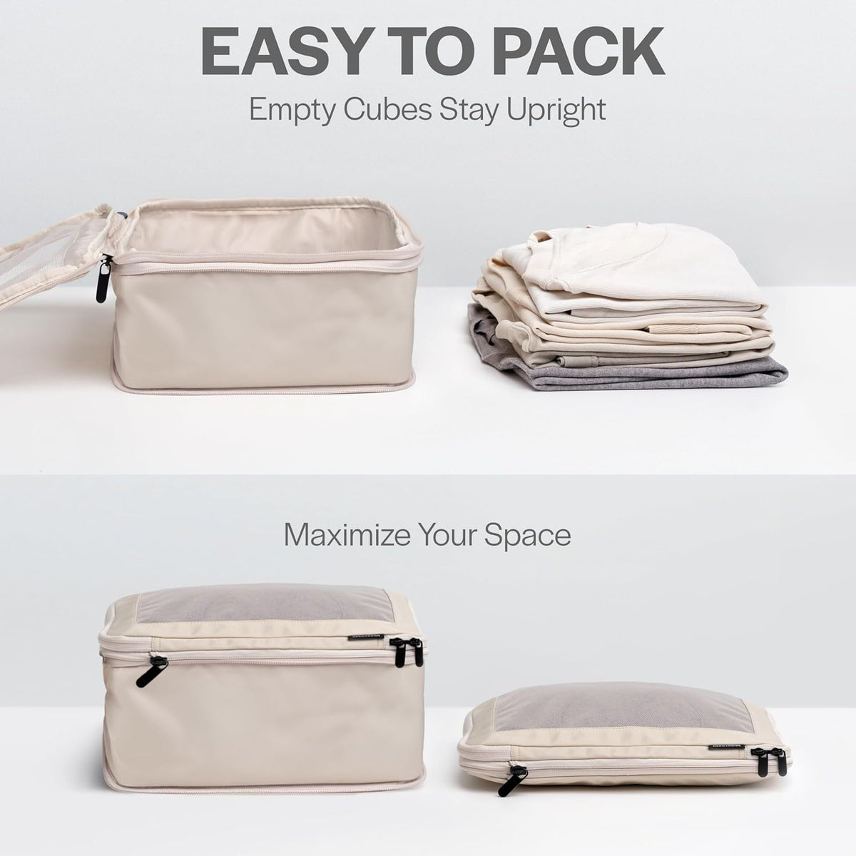 Compression Packing Cubes for Travel, 6-Pack, Beige | Solves overpacking, 6-Piece set fits most suitcases, 50% Space savings, Compression luggage organizer bags