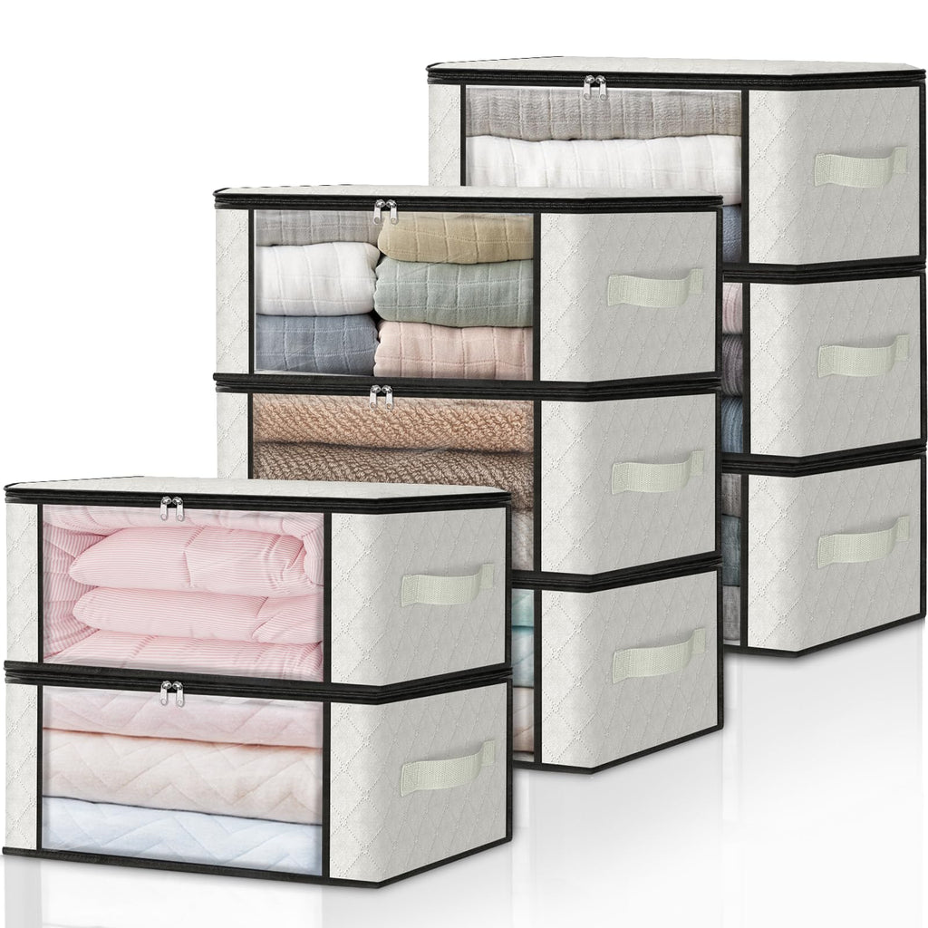 HomeHacks 3-Pack Clothes Organizer Storage Bags, 35L Storage Bins, Gray | Foldable Storage Box Container with Zippers, Clear Window, Reinforced Handles for Closet, Dorm, Pillows, Bedding, Sweater