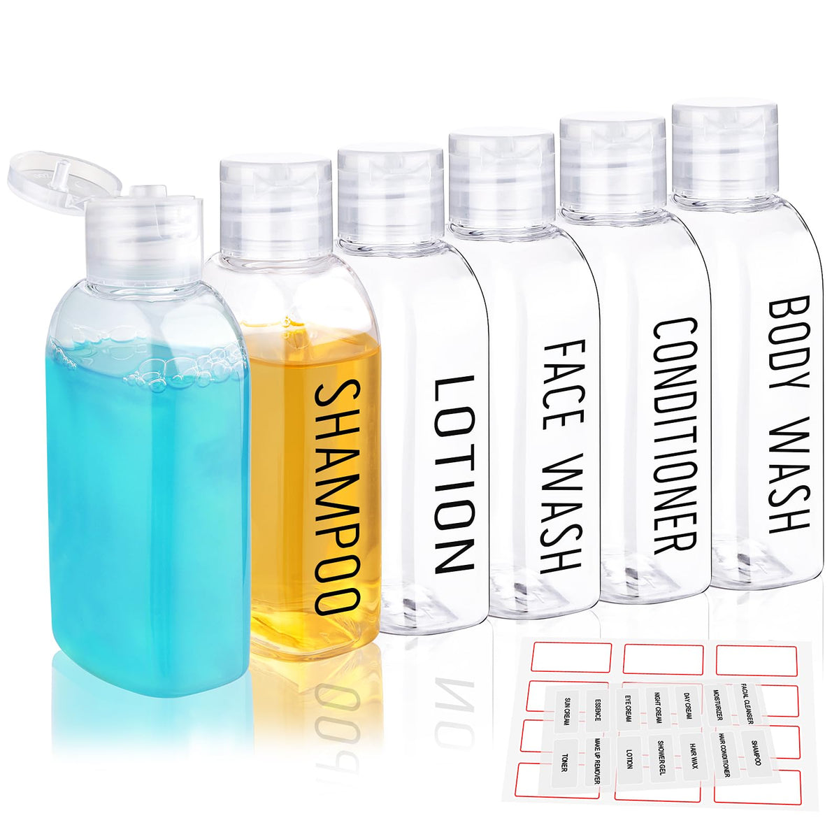 3.4 oz Clear PET Travel Bottles for Toiletries 6-Pack | Reusable, Thick, Tight-Sealing Flip Caps, Print on Label, Permanent Identification Stays, 2 Label Sheets, for Toiletries