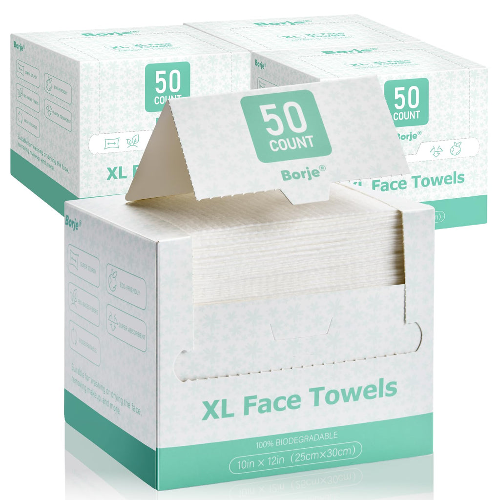 Borje Face Towels XXL, Disposable Face Towel 10" x 12", 100 Count (2 Packs of 50), 100% USDA Biobased Facial Towelettes, Ultra Soft & Hygienic Makeup Remover Dry Wipes for Women Cleansing