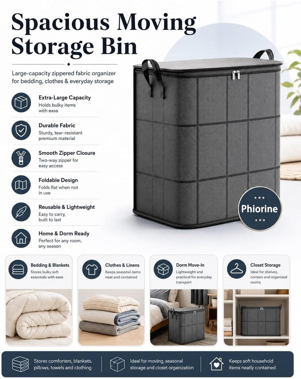 XXL Foldable Storage Bag with Reinforced Handles, Extra Large Portable Moving Storage Bags, Spacious Moving Storage Bin, Clothes Storage Containers for Bedroom, Closet, Clothing, Comforter，XXL: 180L：3