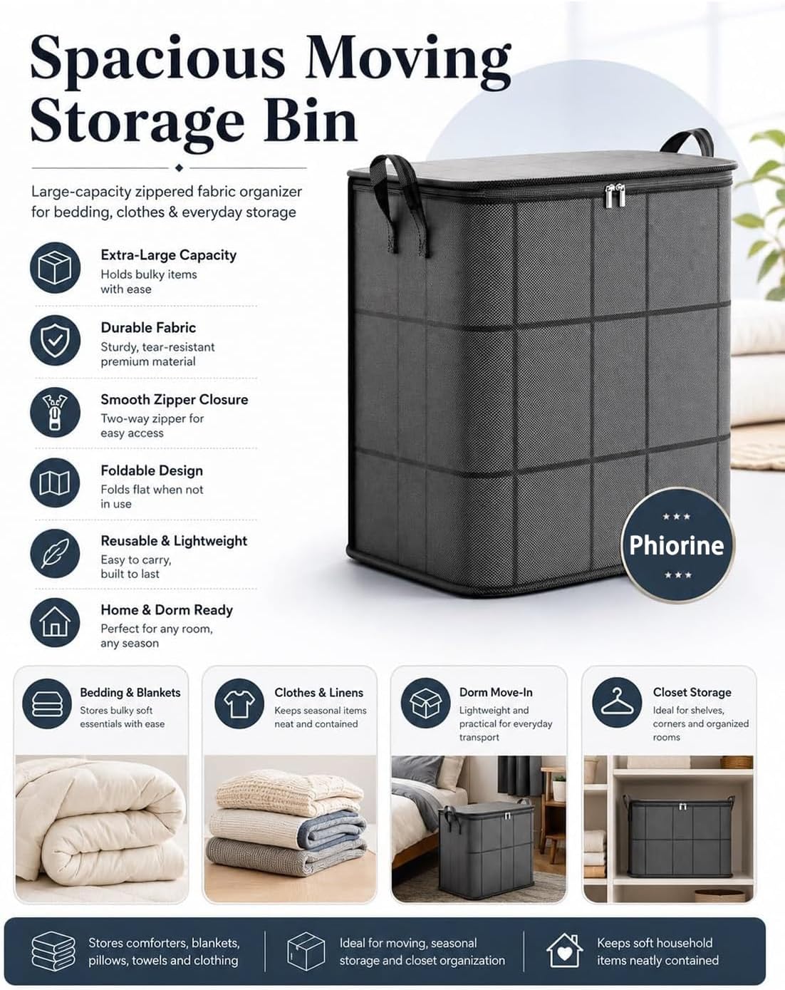 XXL Foldable Storage Bag with Reinforced Handles, Extra Large Portable Moving Storage Bags, Spacious Moving Storage Bin, Clothes Storage Containers for Bedroom, Closet, Clothing, Comforter，XXL: 180L：3