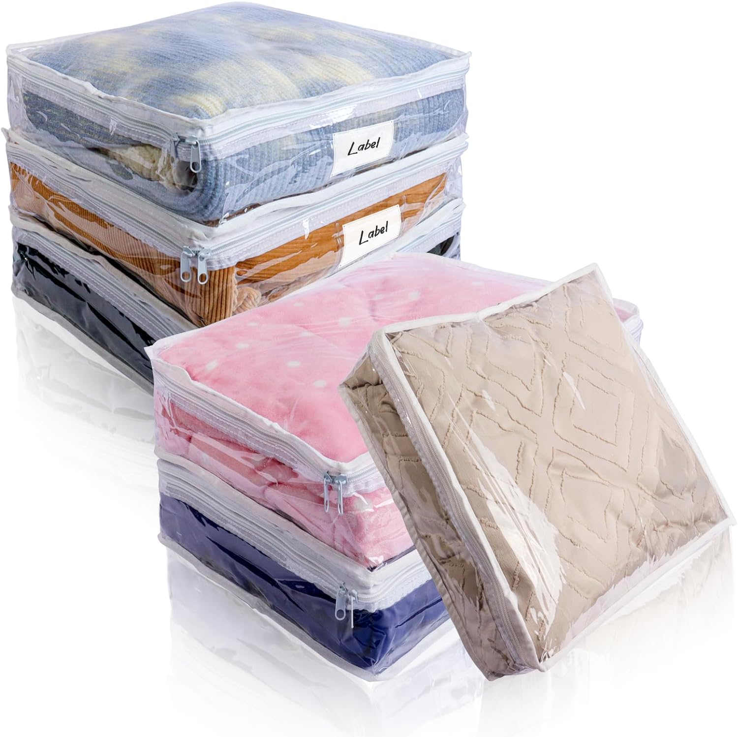 Clear Zippered Plastic Clothes Storage Bags, 6 Pack, White | Clear Storage Bags with Zipper Plastic Storage Bags for Clothes Sweaters Blankets Sheets, Size: 15.7 x 13.8 x 3.9 Inch