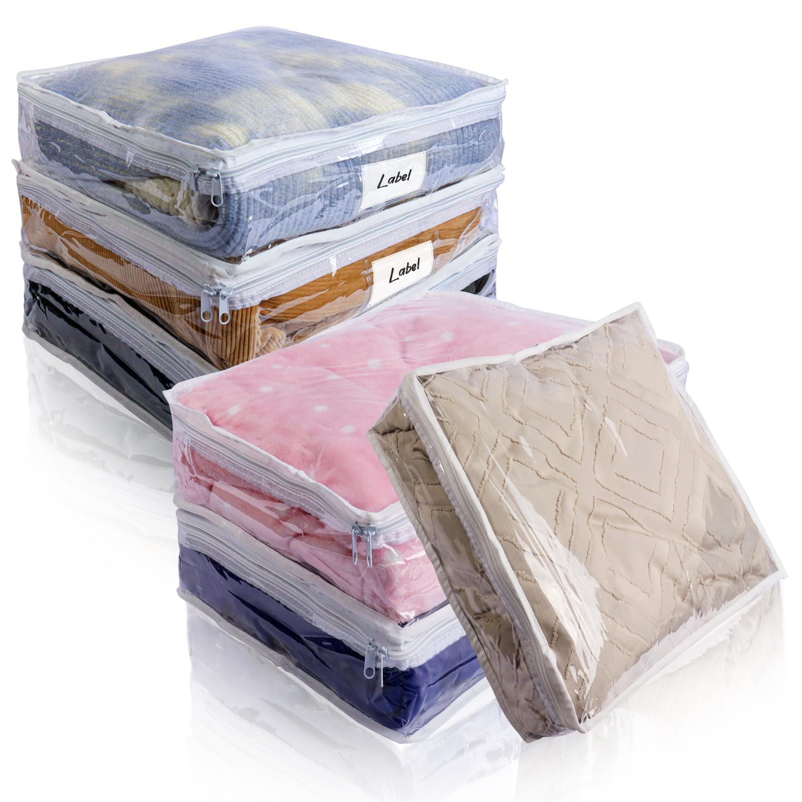 Clear Zippered Plastic Clothes Storage Bags, 6 Pack, White | Clear Storage Bags with Zipper Plastic Storage Bags for Clothes Sweaters Blankets Sheets, Size: 15.7 x 13.8 x 3.9 Inch