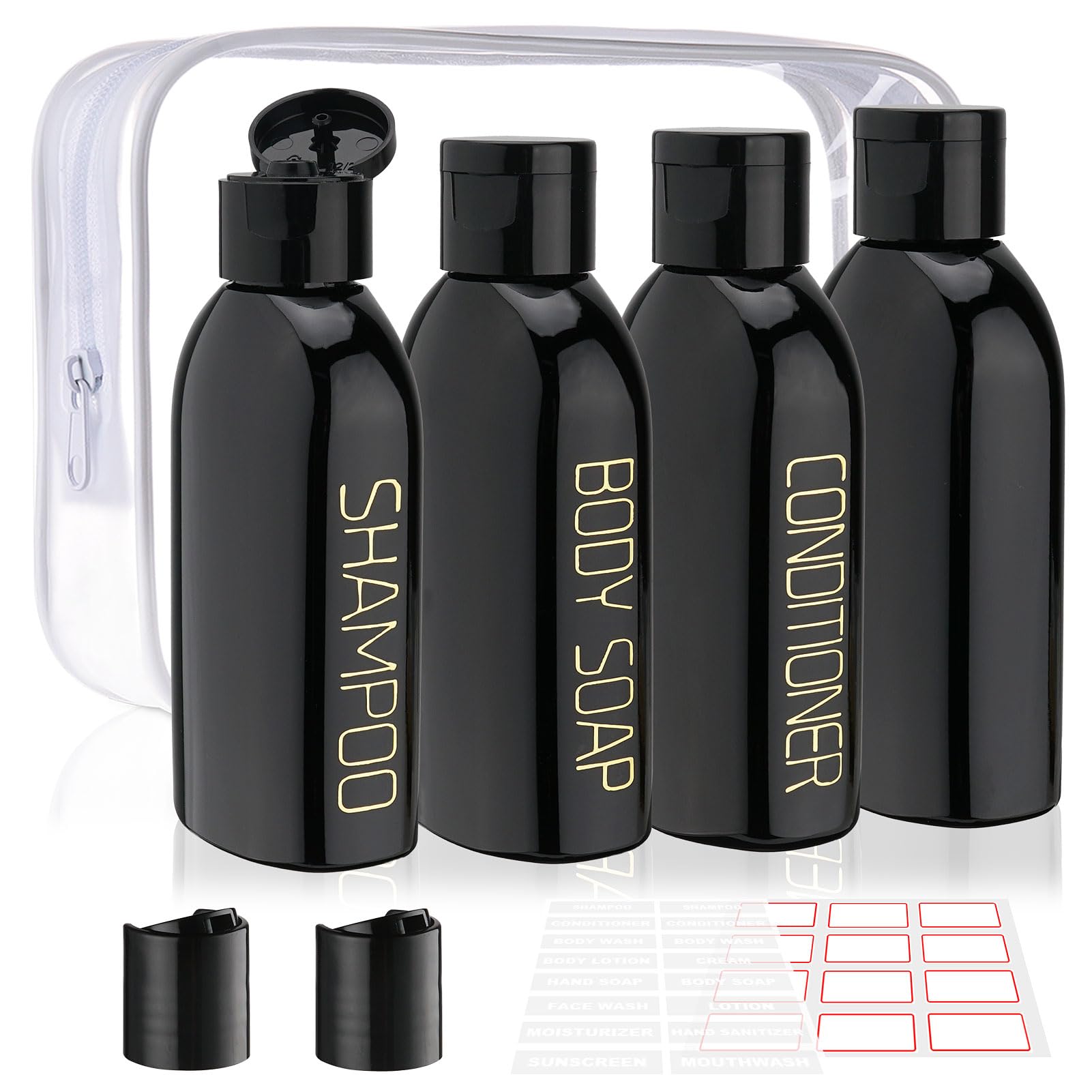 Cosywell 4 Pack 3.4 oz Preprinted Travel Bottles for Toiletries | Brown Bottles are Preprinted with SHAMPOO, CONDITIONER and BODY SOAP, One is Blank, Includes Flip Caps and a Toiletry Bag