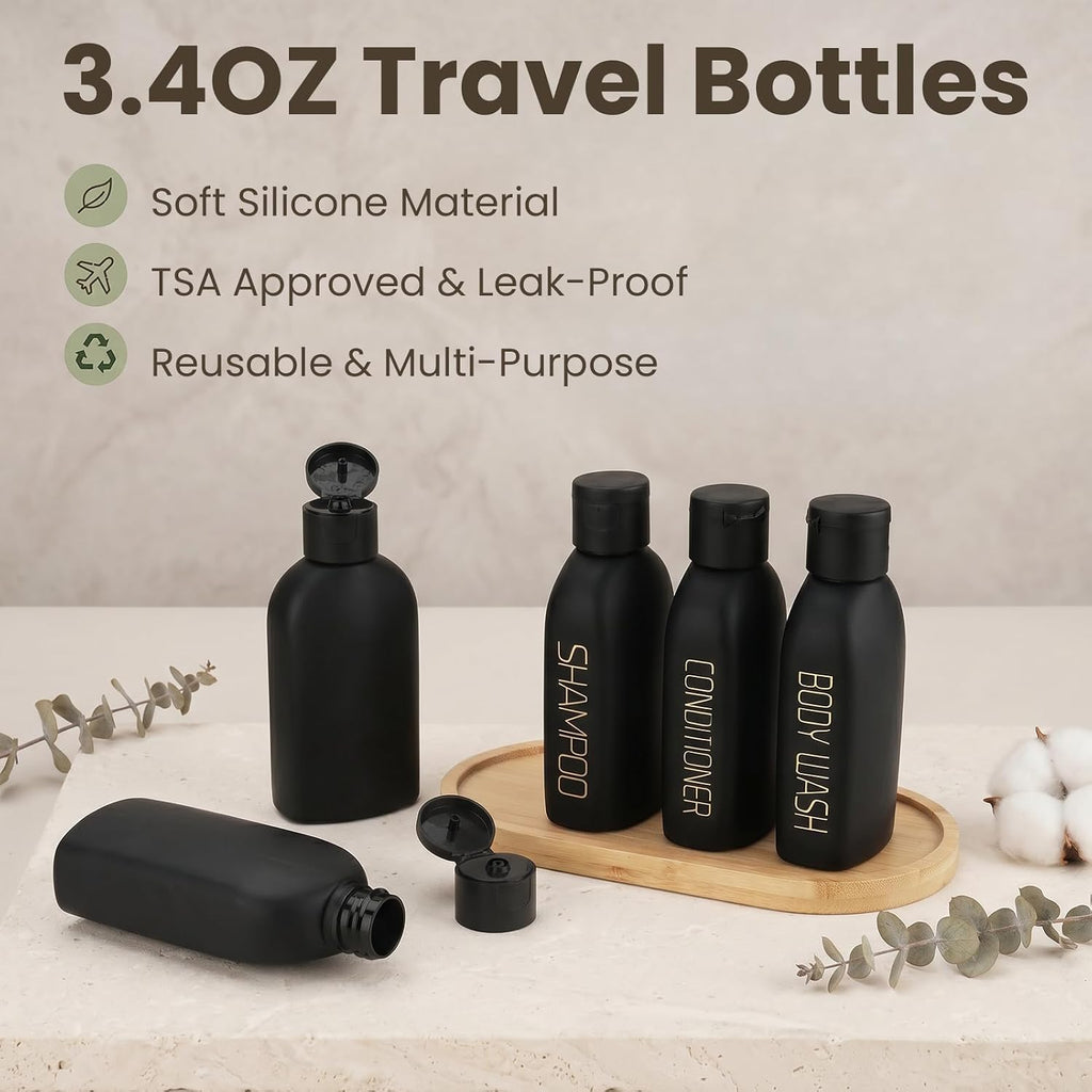 Cosywell 3.4oz 5 Pack Travel Bottles for Toiletries Black Toiletry Bottles | Pre-Printed Shampoo Conditioner & Body Wash, Soft Touch, TSA Approved, Leak Proof, Includes Flip Caps and a Toiletry Bag