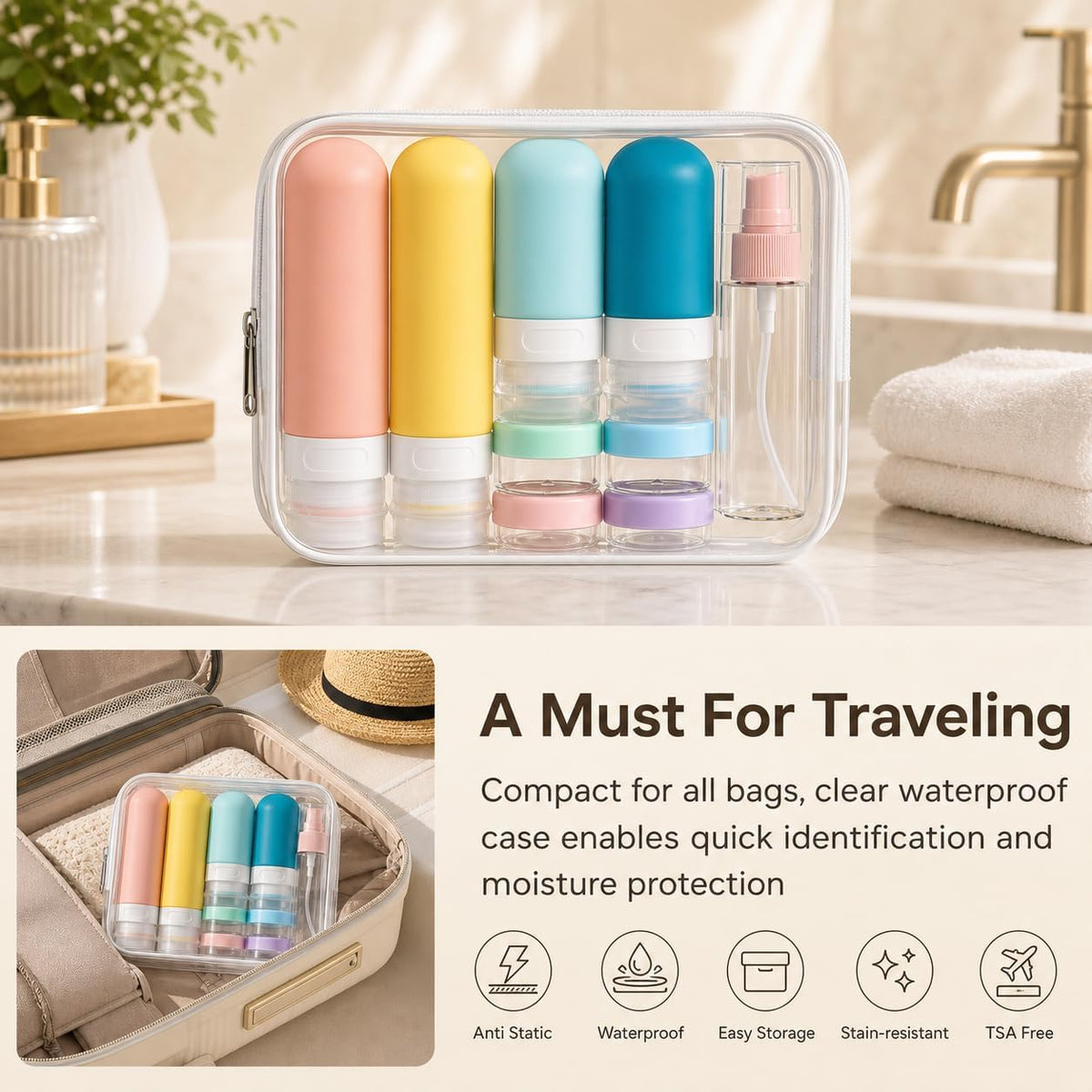 17 Pack Travel Bottles for Toiletries, TSA Approved Leak Proof Silicone Travel Containers for Toiletries with Label-Dopamine Color