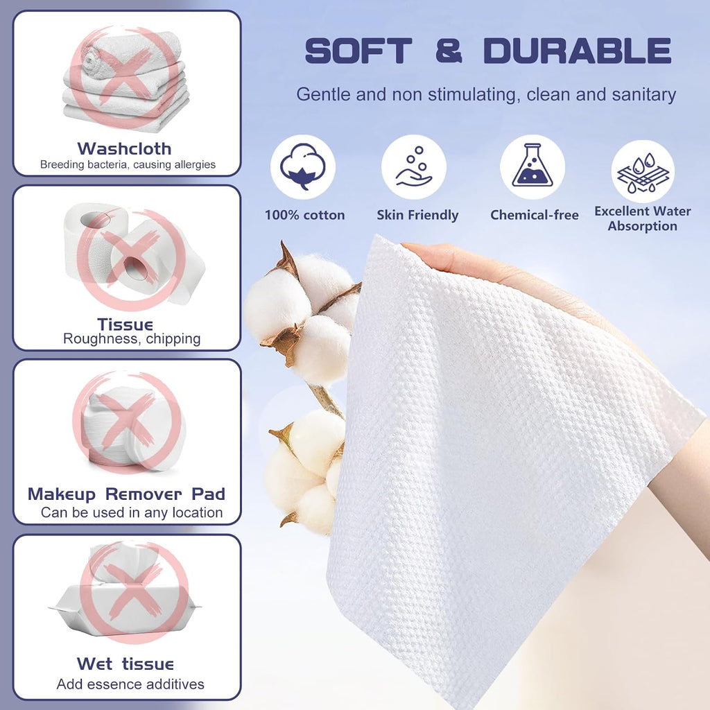 Disposable Face Towel, 100 Count Face Towels for Washing Soft Cotton Dry Wipes Facial Cloths Towelettes for Washing and Drying, Facial Tissue for Cleansing, Skincare and Makeup Remover