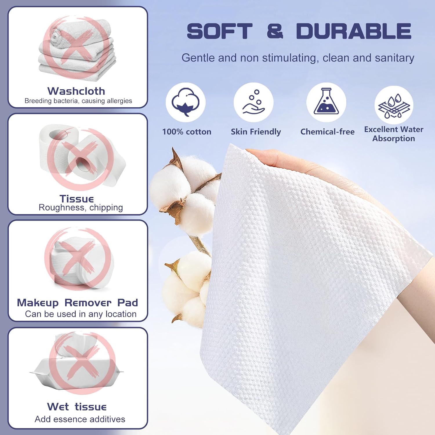 Disposable Face Towel, 100 Count Face Towels for Washing Soft Cotton Dry Wipes Facial Cloths Towelettes for Washing and Drying, Facial Tissue for Cleansing, Skincare and Makeup Remover