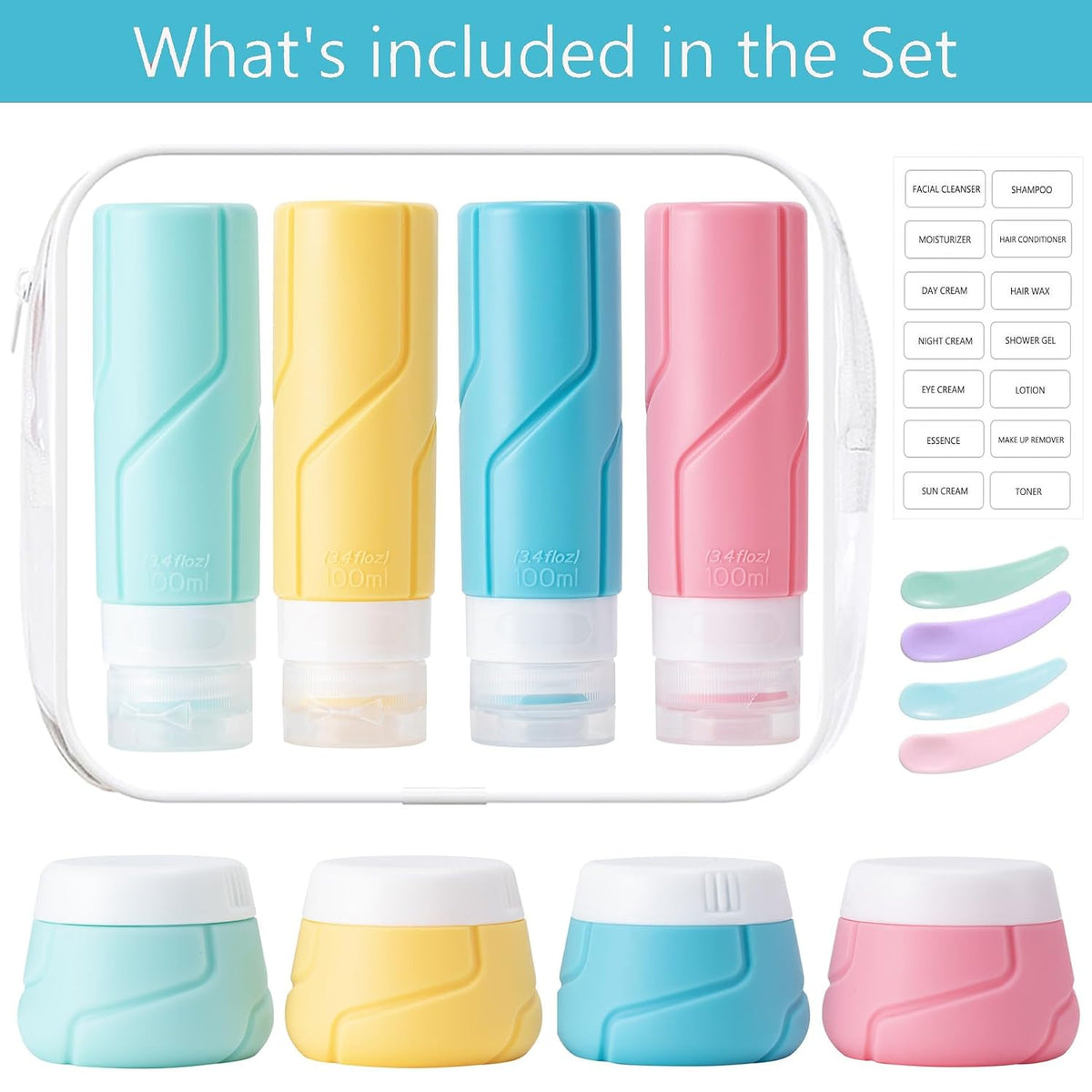 Travel Bottles - 15 Pack, TSA Approved Travel Size Toiletries, Leak Proof Silicone Squeezable Containers in Clear Bag(Colorful)