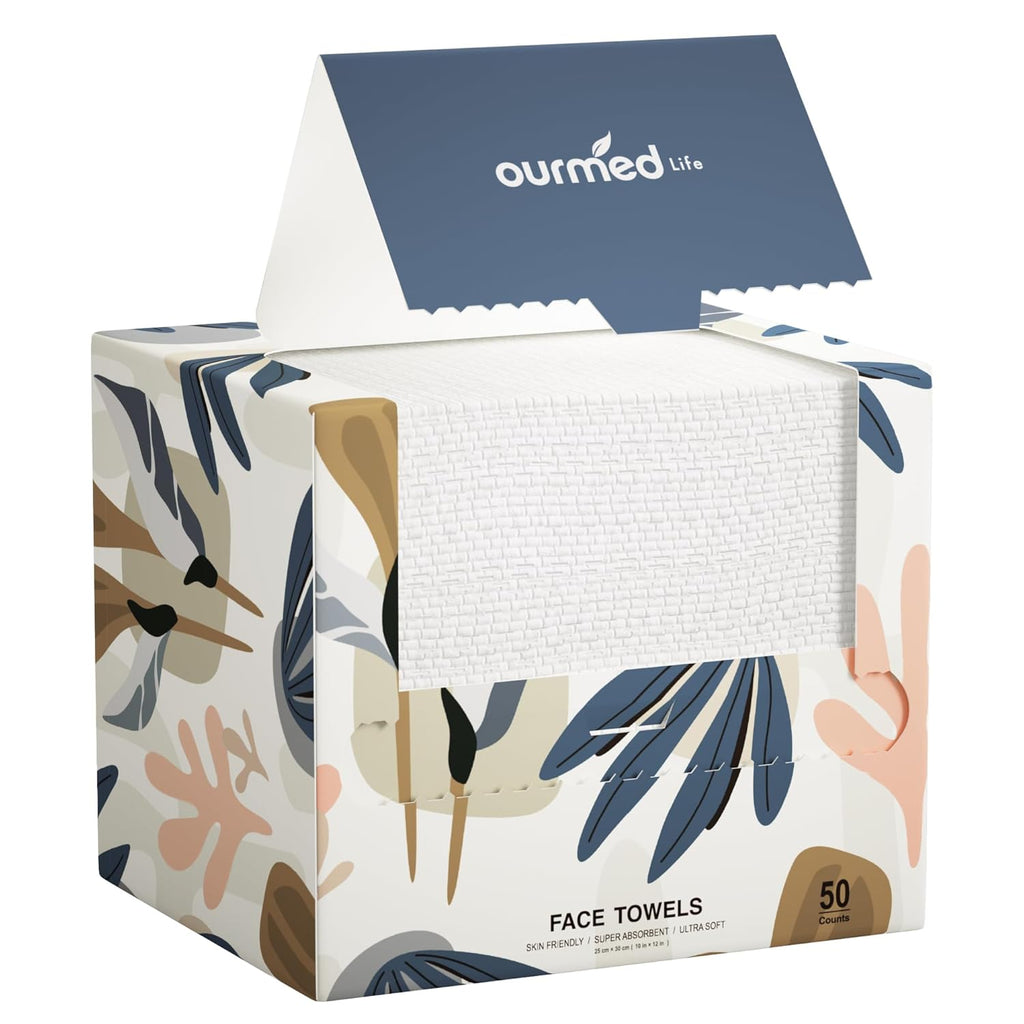 Ourmed Life Disposable Face Towels XL, Ultra Soft & Absorbent, 50 Count | 10" x 12", Sensitive Skin Friendly, Skin Soothing, Redness Care, Biodegradable, Facial Towels for Makeup Removal & Cleansing
