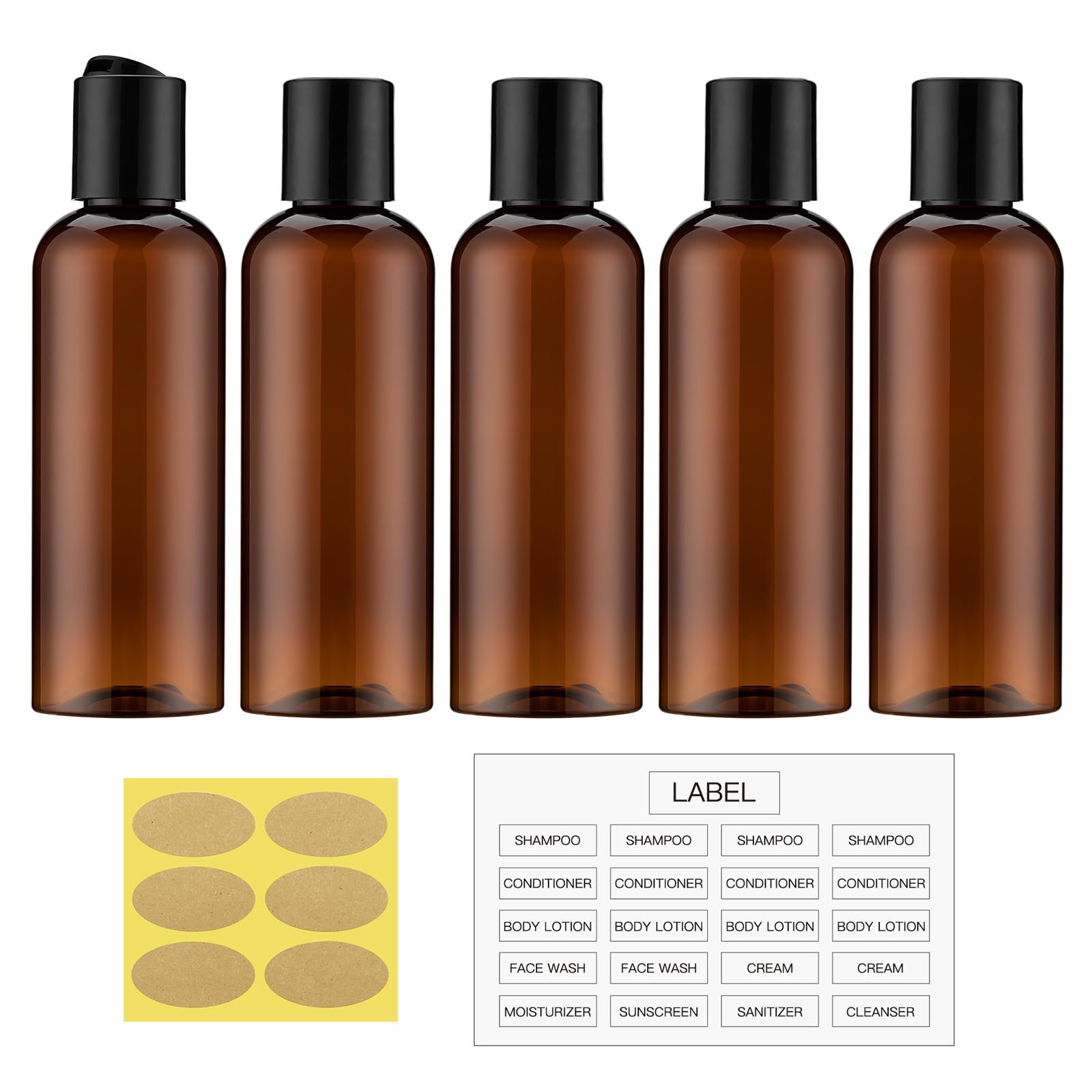 Travel Bottles for Toiletries, 3.4 oz Travel Size Containers, 5pcs, Clear | Squeezable empty plastic bottles, TSA approved, leak proof, with labels, for liquids & shampoo lotion, gym essentials