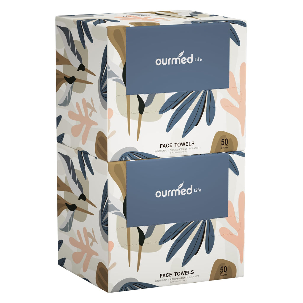 Ourmed Life Disposable Face Towels XL, Ultra Soft & Absorbent, 50 Count | 10" x 12", Sensitive Skin Friendly, Skin Soothing, Redness Care, Biodegradable, Facial Towels for Makeup Removal & Cleansing