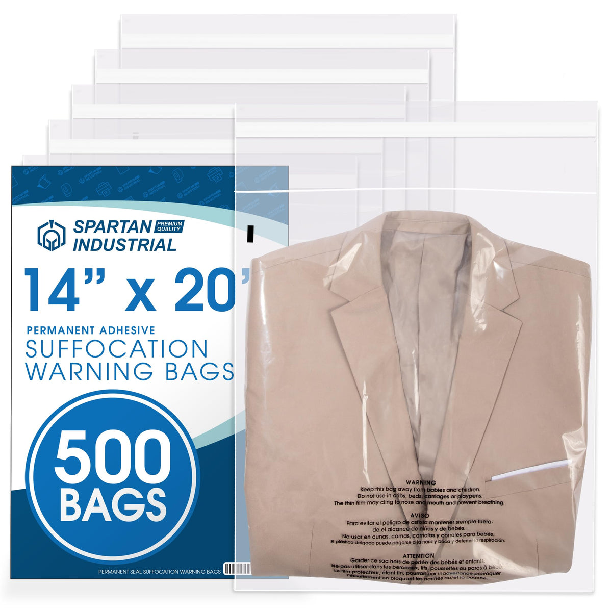 12" X 18" (500 Count) Self Seal Clear Poly Bags with Suffocation Warning | for Packaging and Clothes - Permanent Adhesive - Spartan Industrial