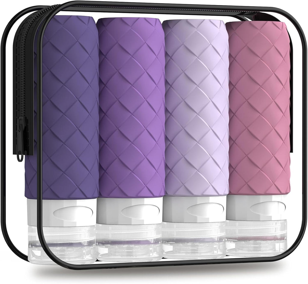 Silevoler Travel Bottles for Toiletries, TSA-Approved Travel Size Container | Woven Pattern BPA Free Silicone Leak Proof Refillable Liqus Shampoo And Conditioner Essentials Toiletry Bottles(Purple)