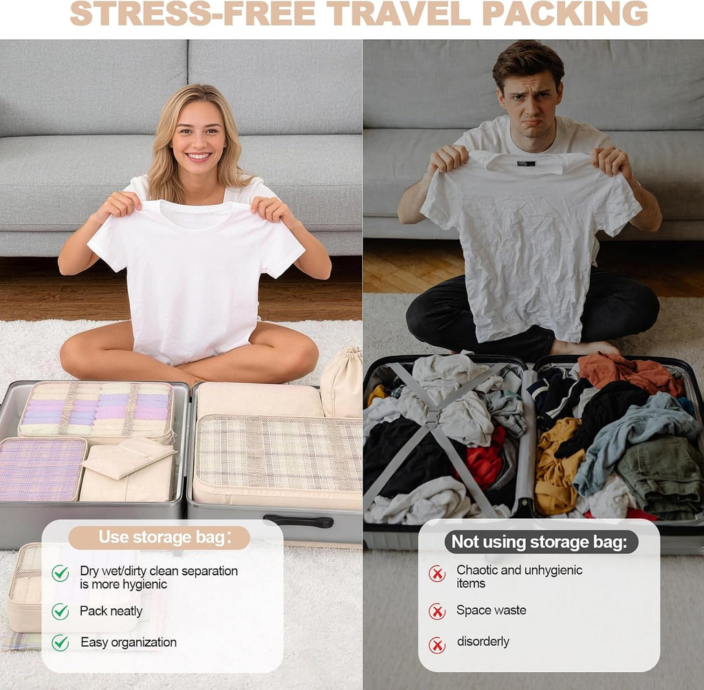 8 Set Packing Cubes for Travel,Suitcase Organizer Bags for Luggage with Shoe & Hanging Toiletry Bag, Vacation Essentials & Accessories for Cruise Ship, Airplane Must-Have,Road Trip & Camp Gifts(Cream)